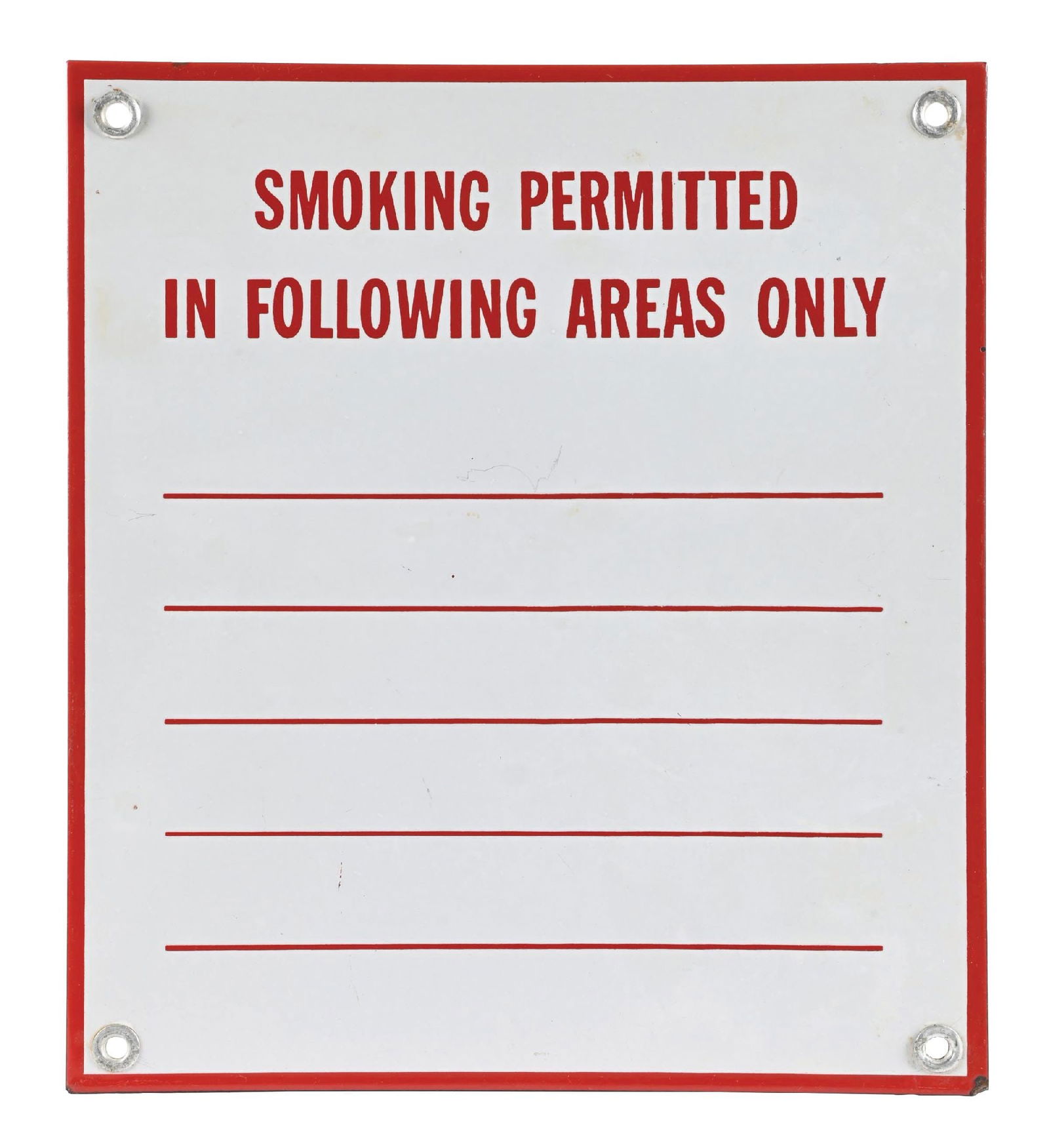 SMOKING PERMITTED IN FOLLOWING AREAS ONLY PORCELAIN SIGN (1 of 2)