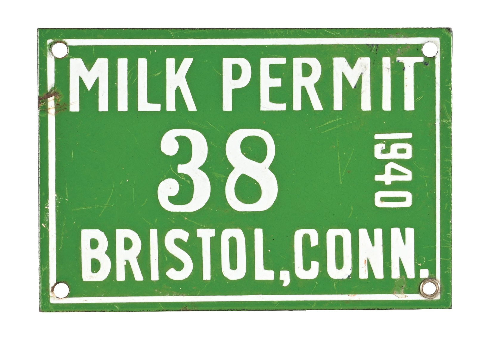 MILK PERMIT 38 BRISTOL, CONN 1940 PORCELAIN SIGN (1 of 2)