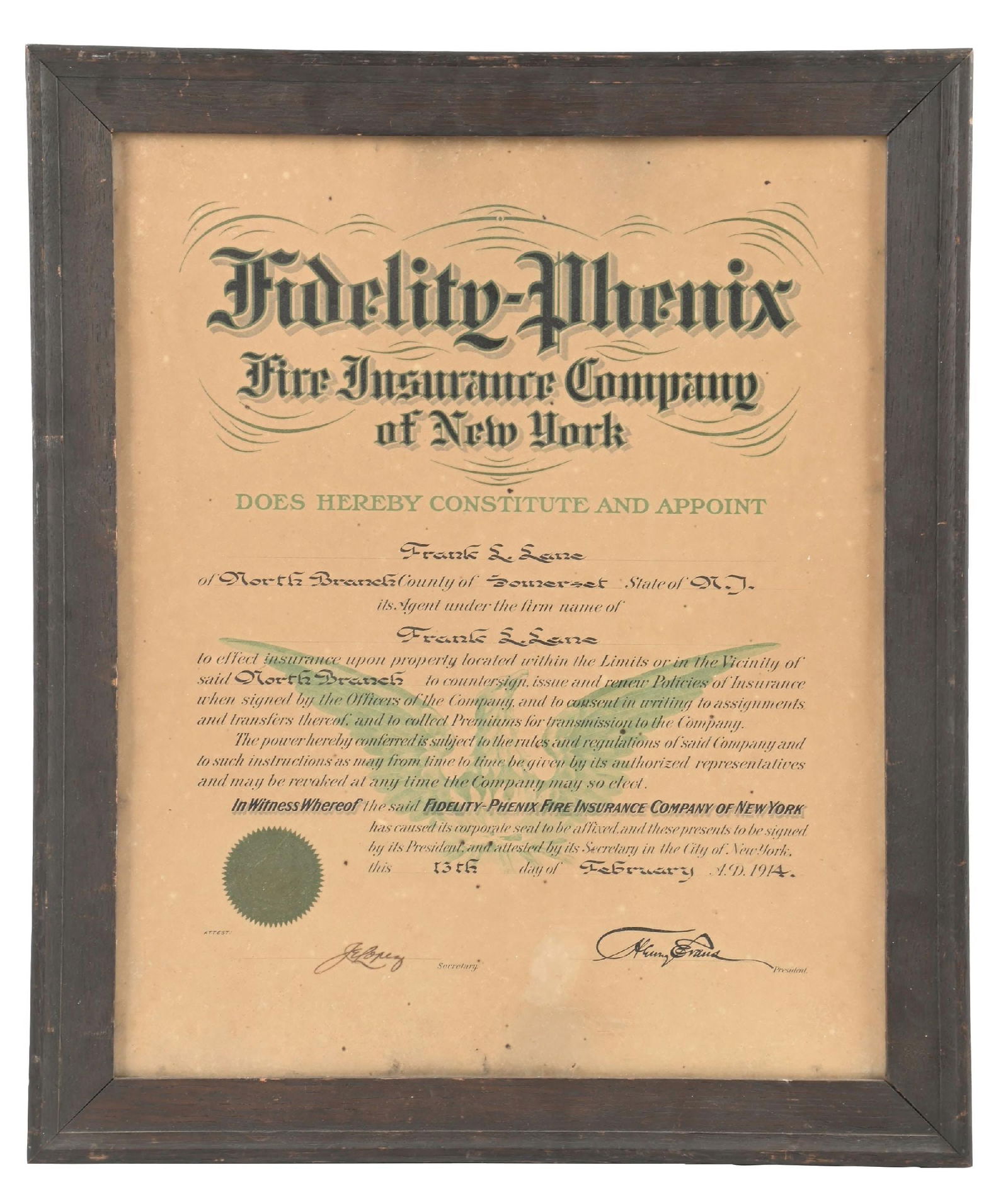 FIDELITY PHENIX FIRE INSURANCE 1914 FRAMED APPOINTMENT POSTER (1 of 2)