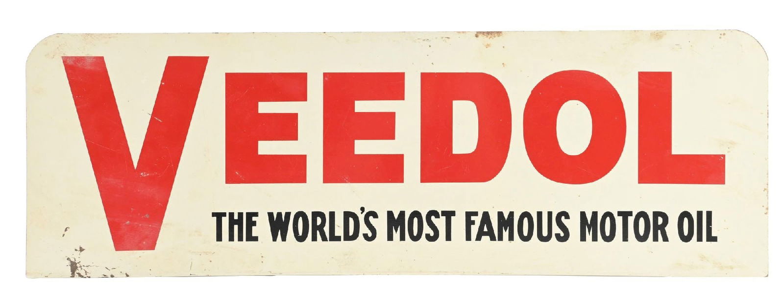 VEEDOL "THE WORLD'S MOST FAMOUS MOTOR OIL" TIN SIGN W/ FLANGE BASE (1 of 2)
