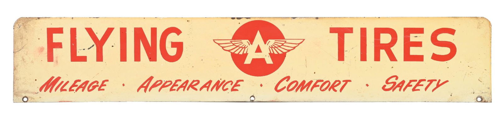 FLYING A TIRES "MILEAGE, APPEARANCE, COMFORT, SAFETY" TIN RACK SIGN (1 of 2)