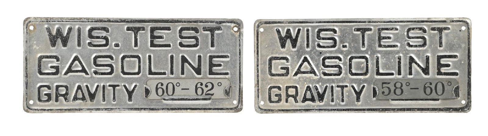 COLLECTION OF TWO: WISCONSIN TEST GASOLINE EMBOSSED TIN PUMP PLATES (1 of 2)
