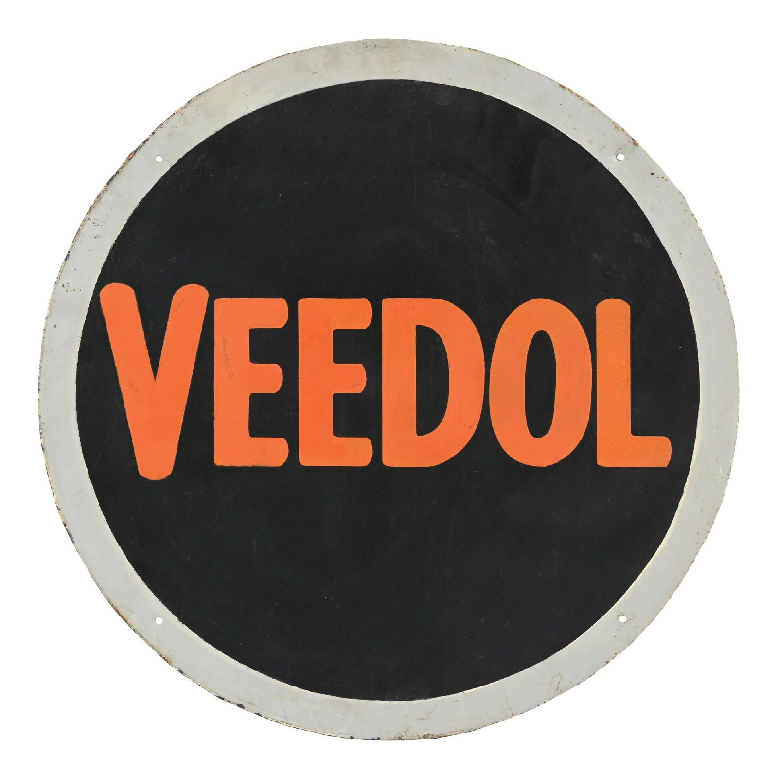 VEEDOL MOTOR OIL TIN SIGN.: SST. CONDITION: Sign shows a full restoration throughout. Restoration is nicely done but is showing some light age and surface wear. Outer edges showing light wear. A rare version of this sign. Condit