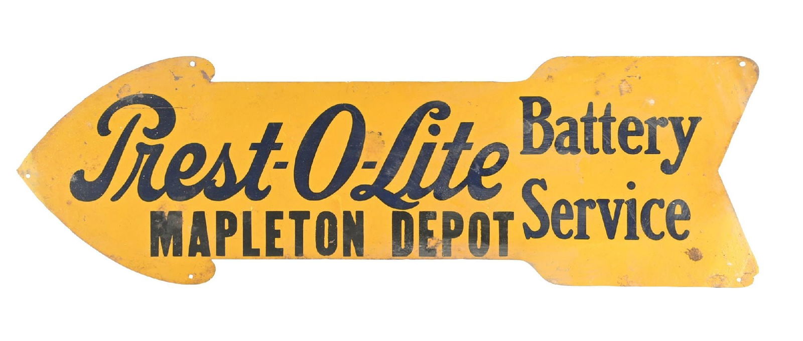 PREST-O-LITE BATTERY SERVICE FIGURAL TIN ARROW SIGN (1 of 2)