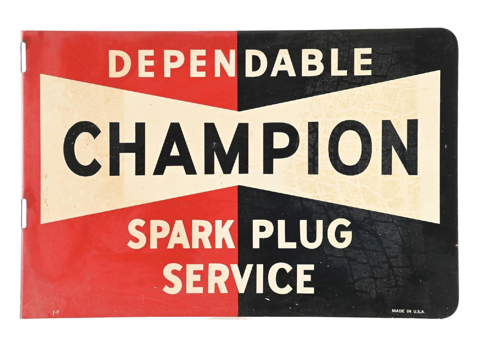 CHAMPION SPARK PLUG SERVICE TIN FLANGE SIGN: DST. C. 1950s. CONDITION: Sign shows moderate age and storage wear throughout each side, some of which will improve with cleaning. Sign present surface scratching as well as residue in the field. Mini