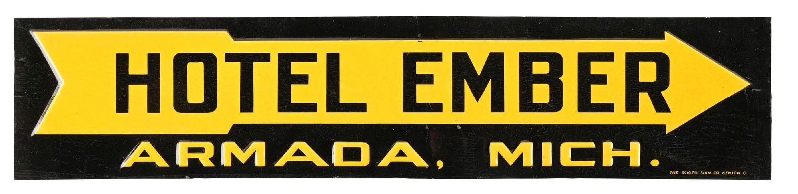HOTEL EMBER ARMADA MICHIGAN EMBOSSED TIN DIRECTIONAL STRIP SIGN. (1 of 3)