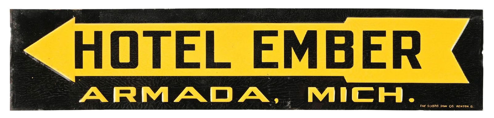 HOTEL EMBER ARMADA, MICHIGAN EMBOSSED TIN DIRECTIONAL SIGN W/ ARROW GRAPHIC. (1 of 3)