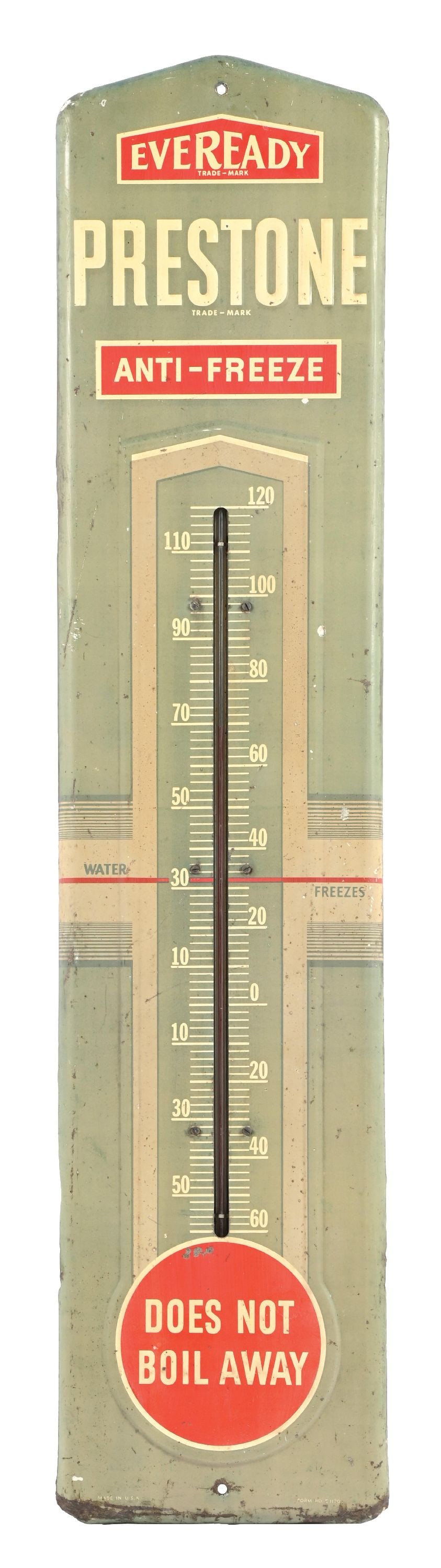 PRESTONE ANTI-FREEZE EMBOSSED TIN THERMOMETER: SST. C. 1950s. CONDITION: Overall fair, showing general wear with staining and surface scratches. Tube is in working condition, with heavier wear and paint loss at the outer edges. Condition: (7.75).