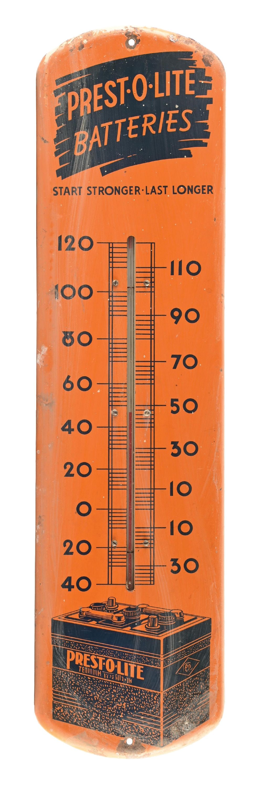 PREST-O-LITE BATTERIES TIN SERVICE STATION THERMOMETER (1 of 2)