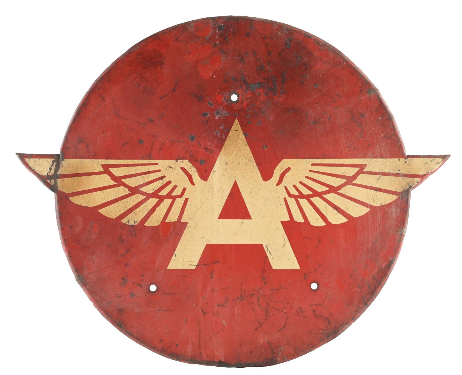 FLYING A GASOLINE TIN TIRE RACK SIGN: SST. C. 1950s. CONDITION: Fair color with general wear throughout, showing surface scratching, denting and staining. Sign presents an excellent patina and should improve with cleaning if desired. Cond