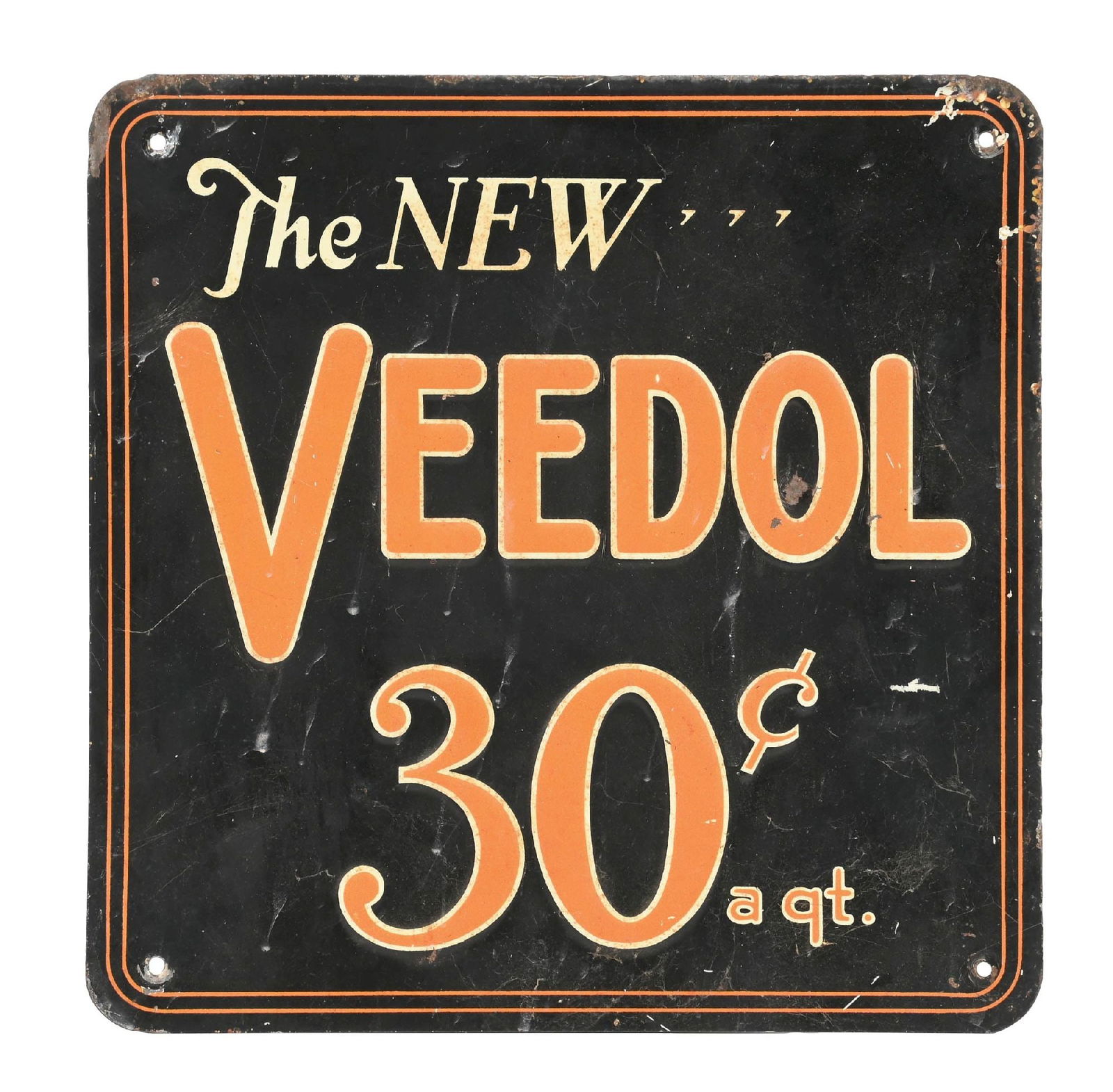 THE NEW VEEDOL 30¢ A QUART EMBOSSED TIN SIGN (1 of 2)
