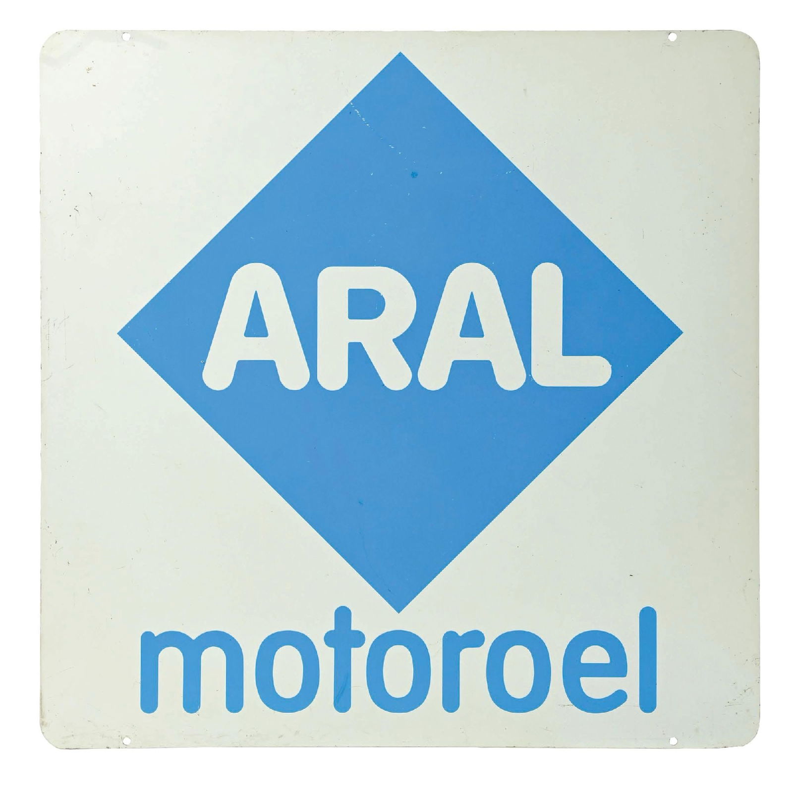 ARAL MOTOROEL TIN SERVICE STATION SIGN: DST. CONDITION: Sign shows excellent color and gloss throughout each side, with minor areas of surface scratching in the field of side one, and heavier scratching and stains on side two. Outer edges s