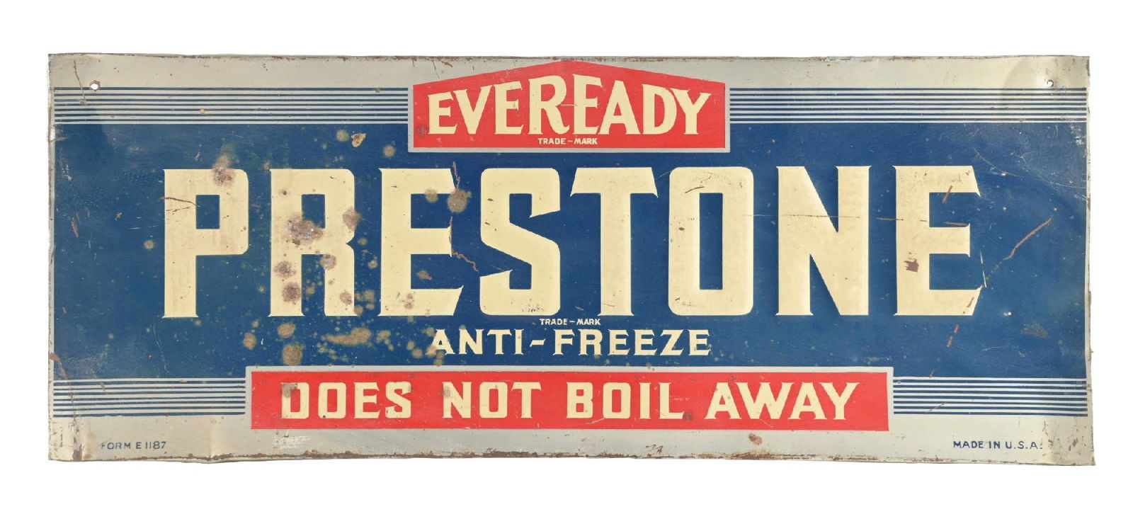 PRESTONE ANTI-FREEZE "DOES NOT BOIL AWAY" EMBOSSED TIN RACK SIGN (1 of 4)