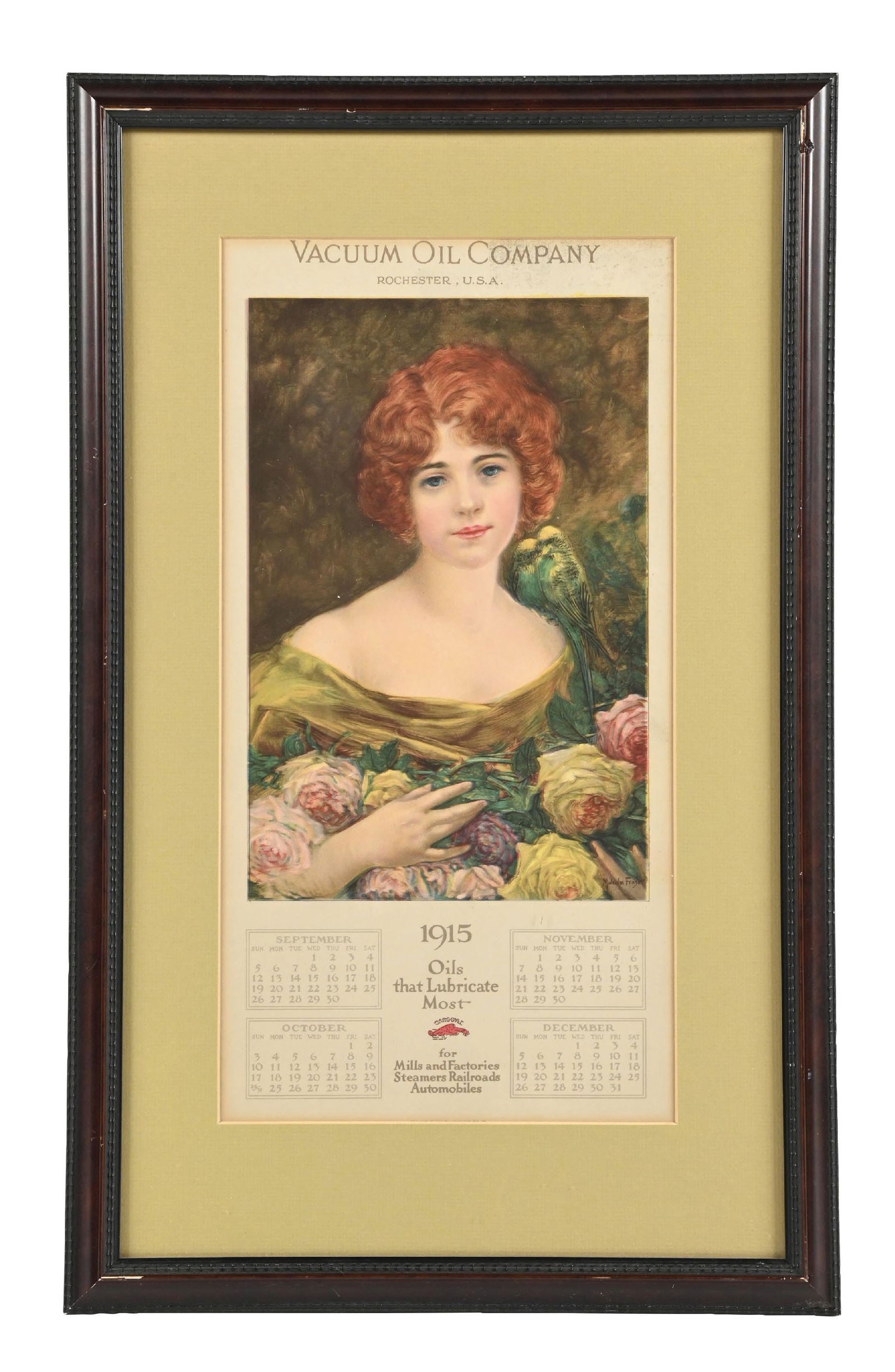 1915 VACUUM OIL COMPANY FRAMED ADVERTISING CALENDAR.: Single Sided Card Stock Calendar. CONDITION: Very good original condition showing minimal areas of light wear from age. Framed and matted behind glass giving the piece an excellent display. Condition: