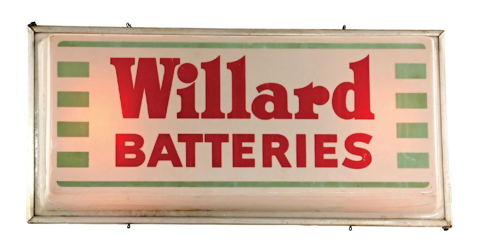 WILLARD BATTERIES LIGHT UP SERVICE STATION DISPLAY SIGN.: Single Sided Light Up Display for Willard Batteries. CONDITION: Very good color showing some minor areas of light surface scratching and wear but overall very clean. Face is free of any cracking with