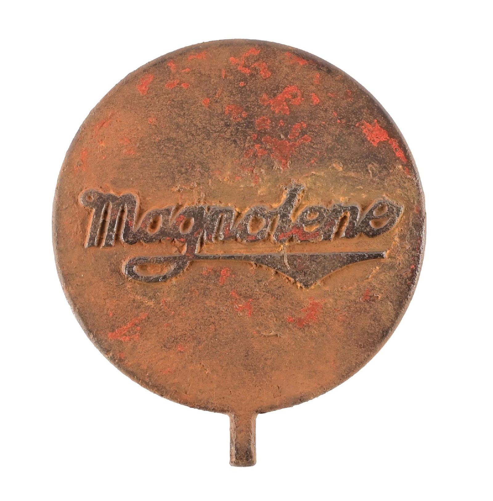 MAGNOLIA MAGNOLENE CAST IRON SERVICE STATION LID: C. 1930s. Cast Iron Lid showing "Magnolene" letters casted into the field. CONDITION: Original throughout, showing remnants of its original paint. Free of any notable damage, with an excellent origina