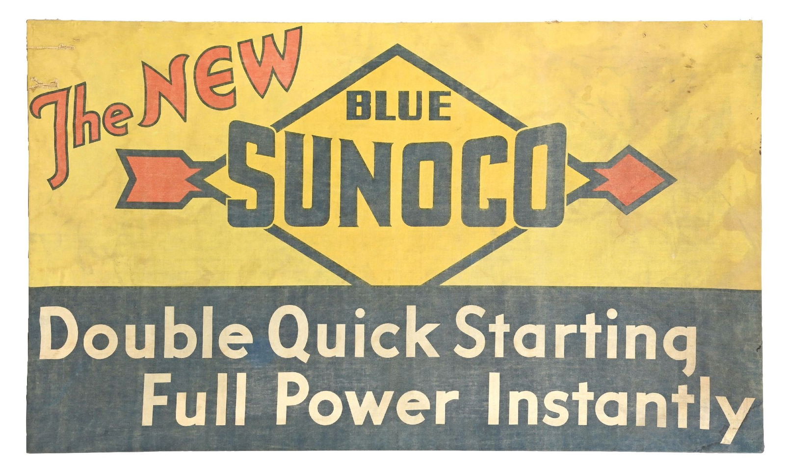 THE NEW BLUE SUNOCO ADVERTISING CANVAS BANNER: Single-Sided Cloth Banner with newly added stretcher on the backside. CONDITION: Overall fair, showing light wear throughout the field with staining and general age wear. Areas of repair at the upper