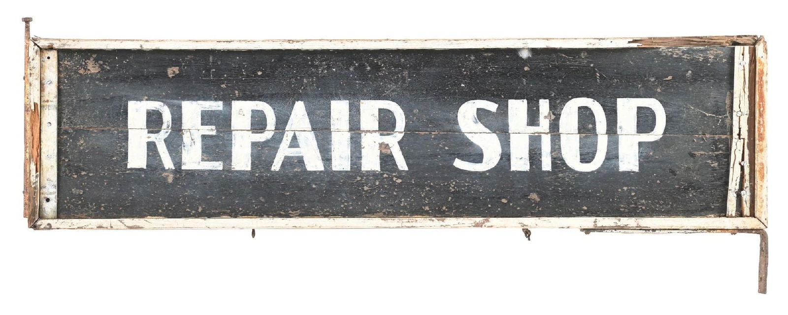 REPAIR SHOP HAND-PAINTED WOOD SIGN: Double-sided hand-painted wood. C. 1930s. CONDITION: Sign shows heavy wear throughout, with a large split at the center as well as heavy wear on the outer wood frame. Side two appears to have been rep
