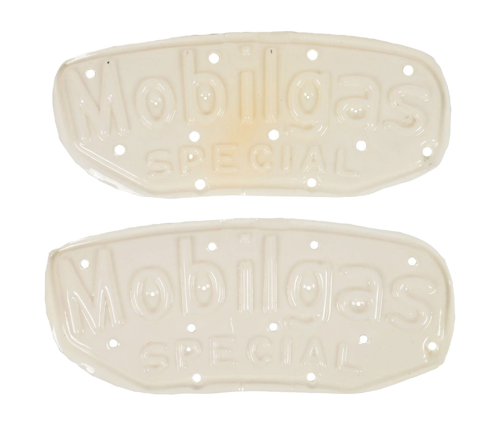 SET OF 2: MOBILGAS SPECIAL EMBOSSED PLASTIC SCRIPT TOP PUMP LETTERING: For M&S script top pump. Matching pair for Mobilgas Special. CONDITION: In excellent like-new condition ready for a restoration project. Condition: (Excellent). Dimensions: Each: 18" x 7 - 1/2".