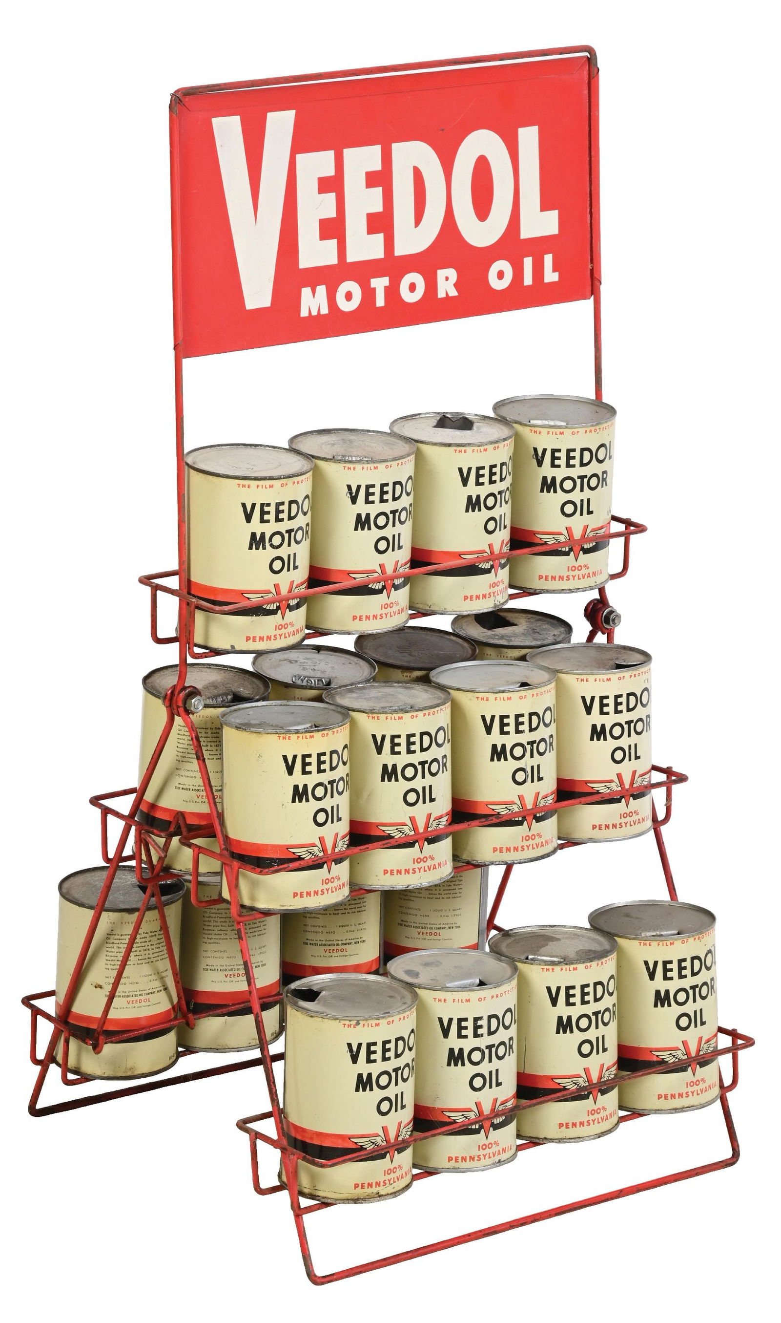 VEEDOL MOTOR OIL DISPLAY RACK WITH 20 ONE-QUART OIL CANS: Veedol Motor Oils Service Station Rack, showing Tin Sign at the topside with 20 individual one-quart cans. CONDITION: Sign in good condition, showing light areas of general age wear and minor surface