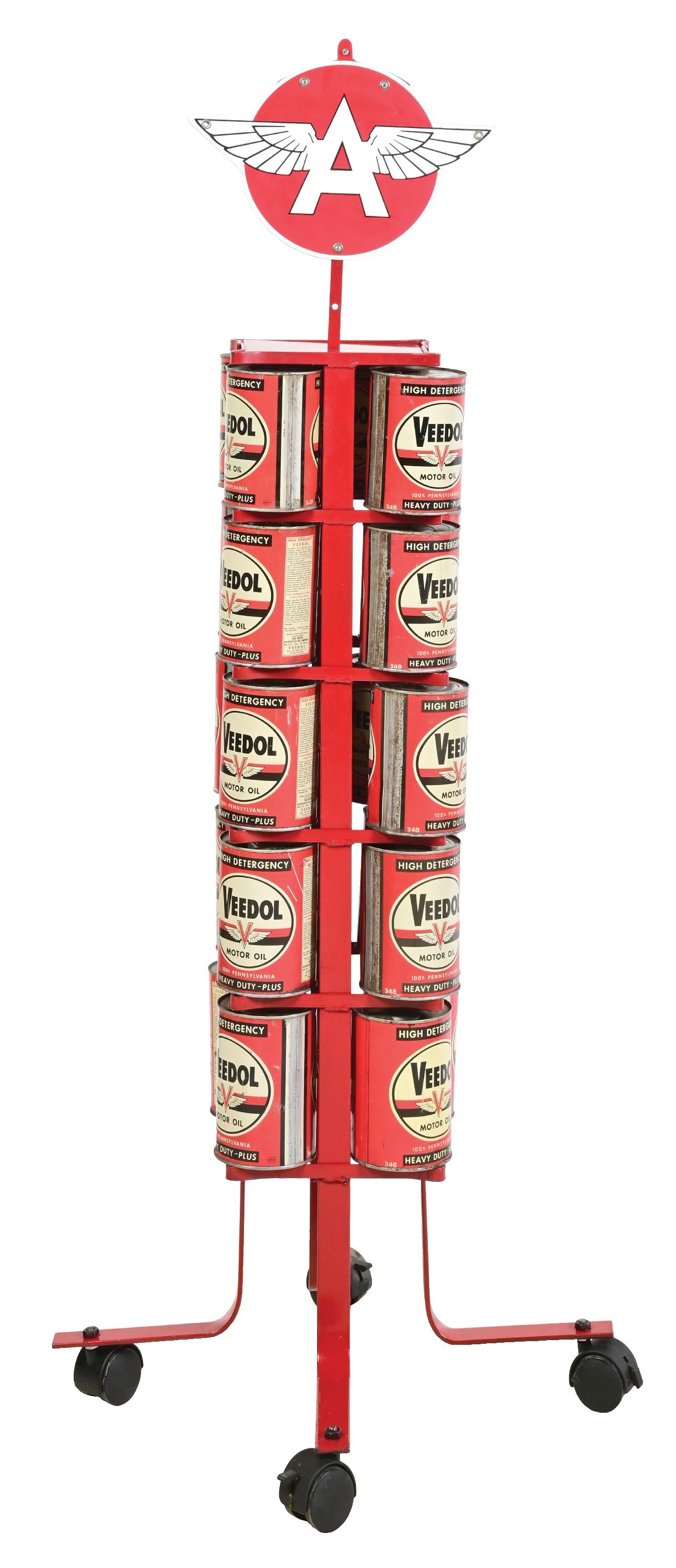 VEEDOL MOTOR OIL METAL CAN RACK WITH 20 VEEDOL ONE-QUART CANS (1 of 4)