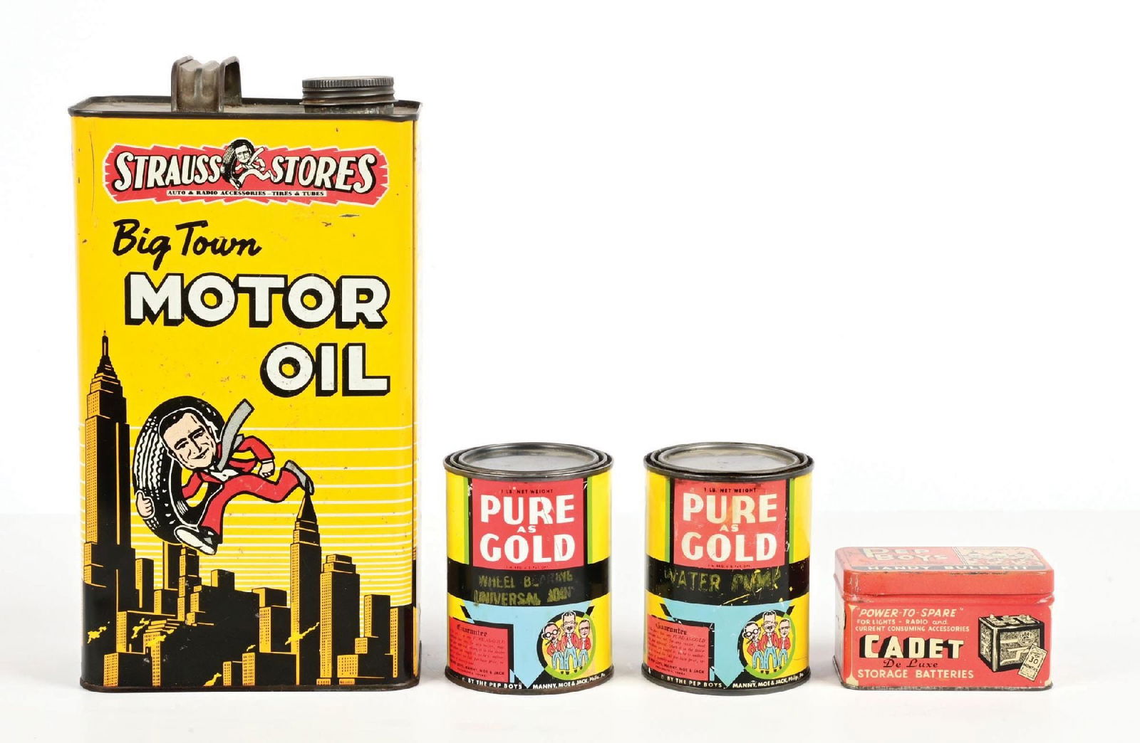 COLLECTION OF 4: PEP BOYS & STRAUSS STORES MOTOR OIL & GREASE CANS (1 of 4)