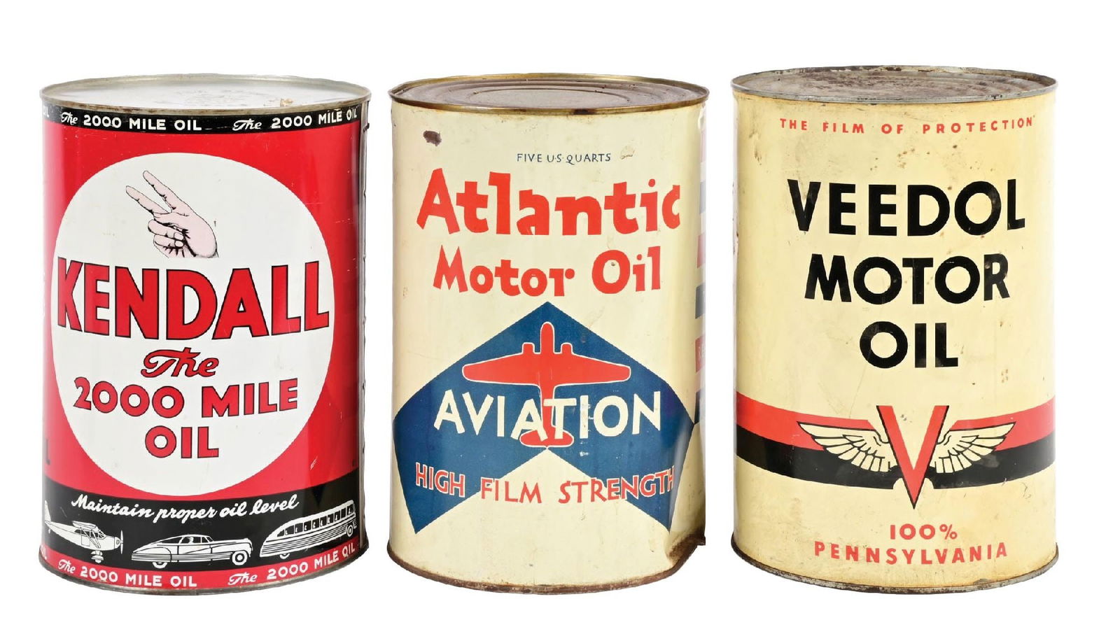 COLLECTION OF 3: VEEDOL, ATLANTIC AND KENDALL MOTOR OIL FIVE-QUART CANS (1 of 4)