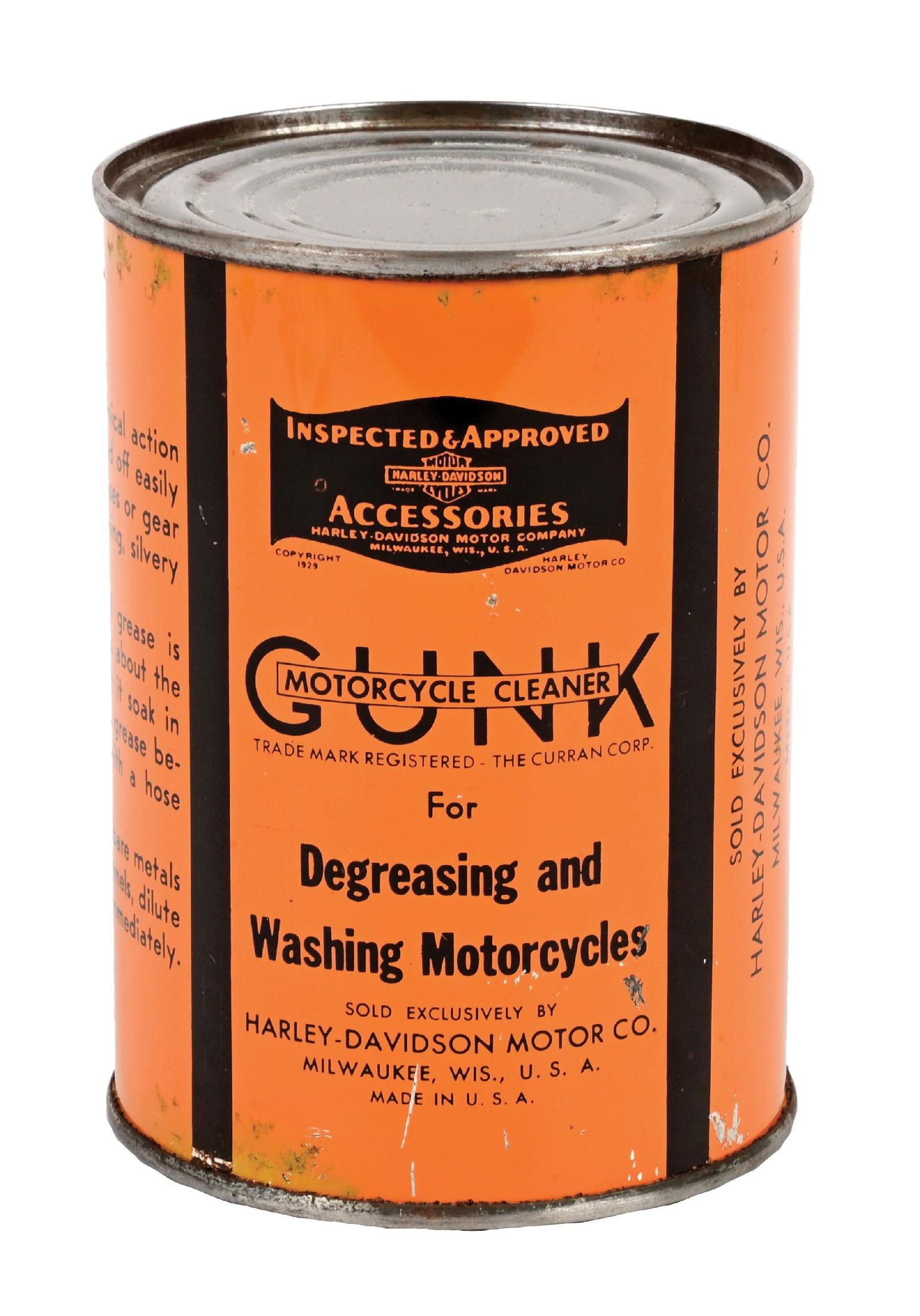 HARLEY DAVIDSON GUNK MOTORCYCLES CLEANER 16 OZ. CAN: 16 Oz. Can. CONDITION: Excellent color throughout, with minor areas of light surface wear and discoloration marks. Can shows minor scratches in the outer fields, with some minimal wear at the rims and