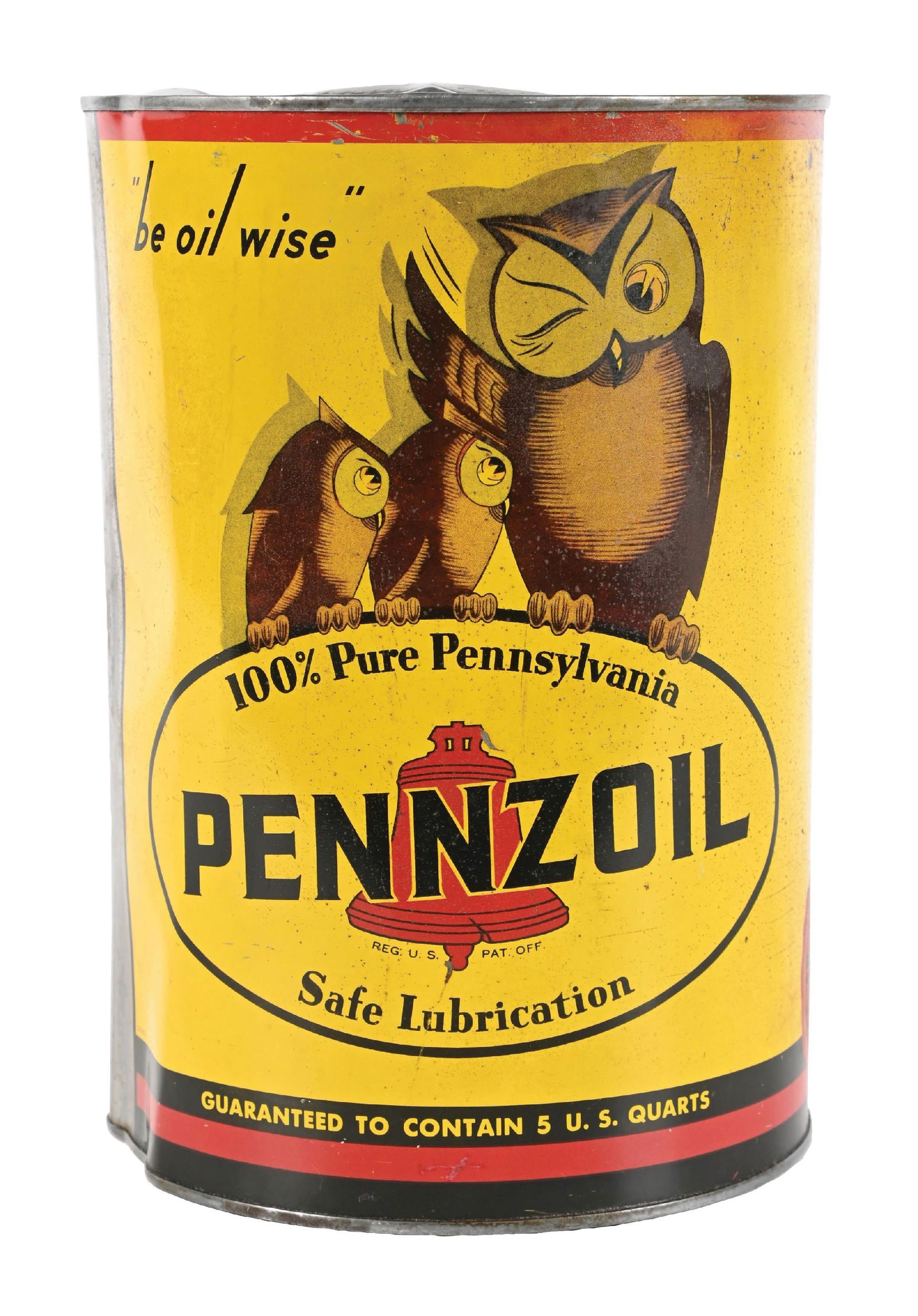 PENNZOIL "BE OIL WISE" 5-QT. CAN: Harder-to-find owl oil can. CONDITION: Solid example with some light wear and staining to the paint. Has some overall denting. Larger dent on one side on top edge and bottom edge along seam. Marked "1