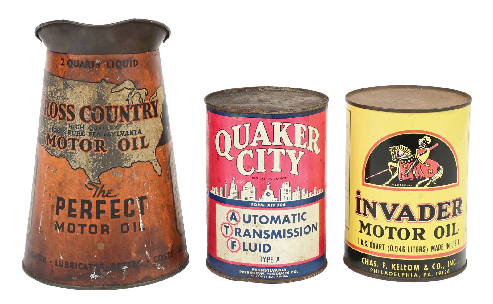 COLLECTION OF 3: QUAKER CITY, INVADER AND CROSS COUNTRY MOTOR OIL CANS (1 of 4)