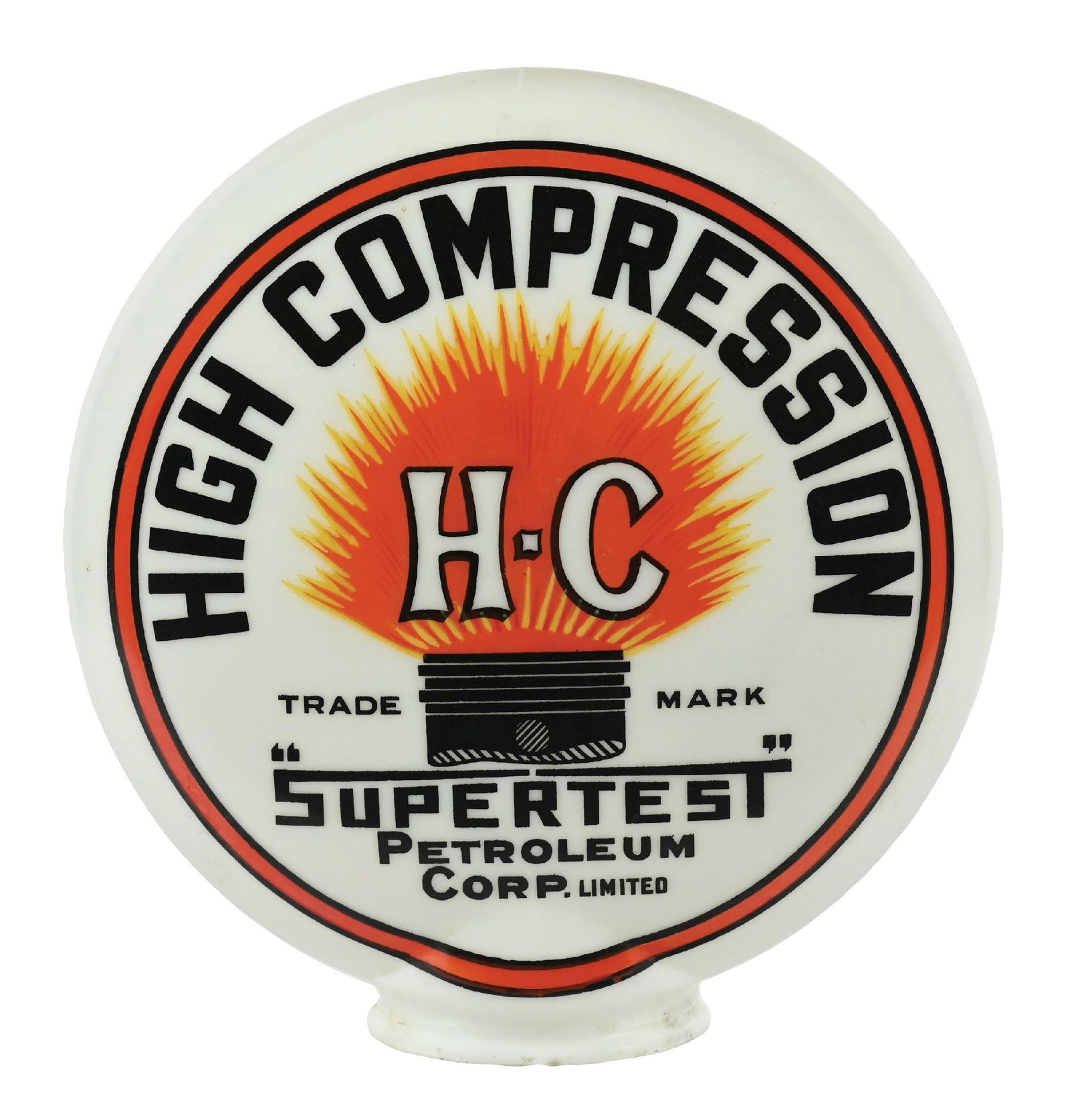 RARE SUPERTEST H-C GASOLINE ONE PIECE BAKED GLOBE: One-Piece Baked Globe. C. 1920s. CONDITION: Globe is excellent throughout each side, showing bright color and gloss with minimal surface wear. Colors showing only the slightest amount of use and age w