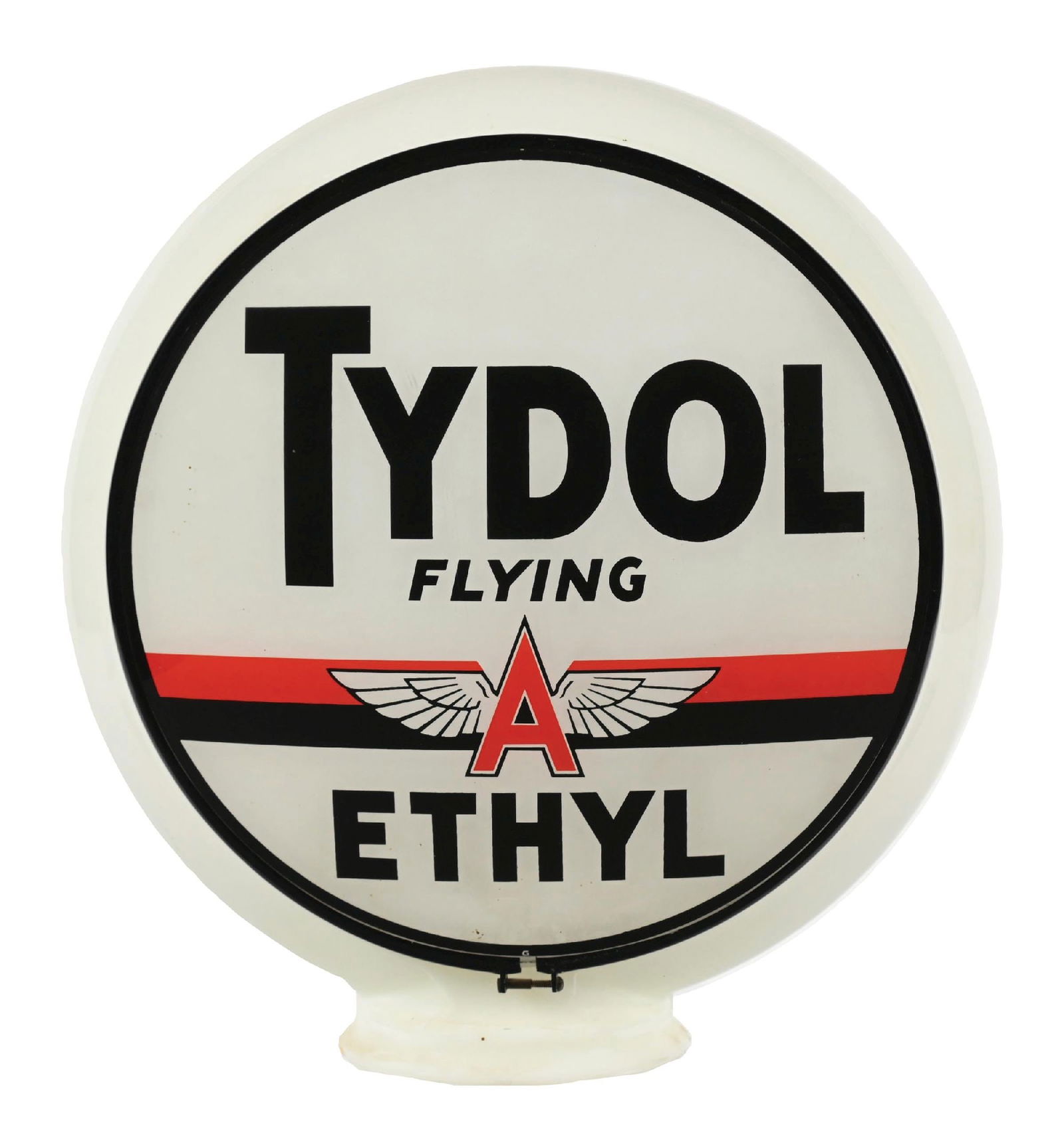 TYDOL FLYING A ETHYL COMPLETE 13.25" GLOBE ON MILK GLASS GILL BODY. (1 of 4)
