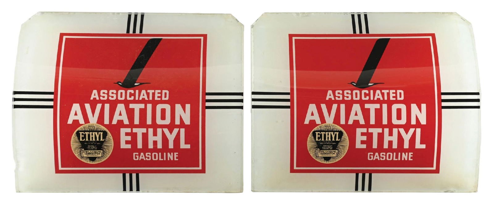 SET OF 2: ASSOCIATED AVIATION ETHYL GASOLINE NATIONAL A-38 GAS PUMP AD GLASS. (1 of 2)