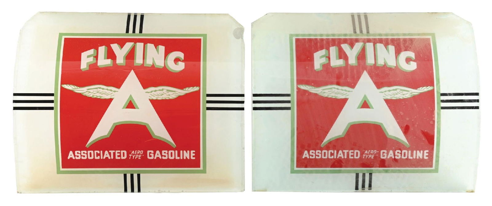 SET OF 2: ASSOCIATED FLYING A NATIONAL A-38 GAS PUMP AD GLASS (1 of 2)