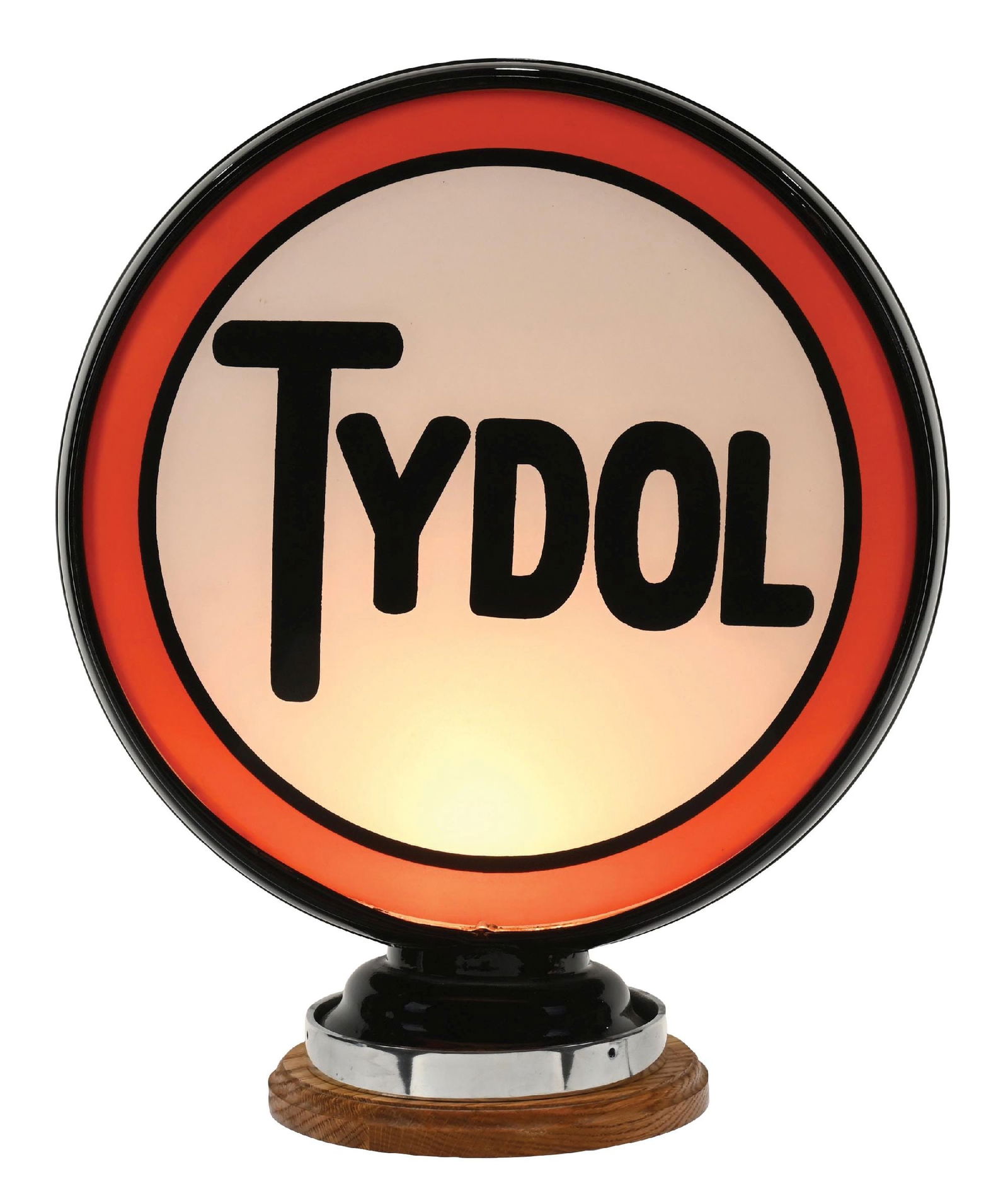 TYDOL GASOLINE COMPLETE 16.5" GLOBE ON METAL LOW PROFILE BODY: Complete 16.5" Globe on Low Profile Metal Body. CONDITION: Excellent condition throughout each lens, showing bright color with minimal surface wear. Each lens showing light wear along the edges.