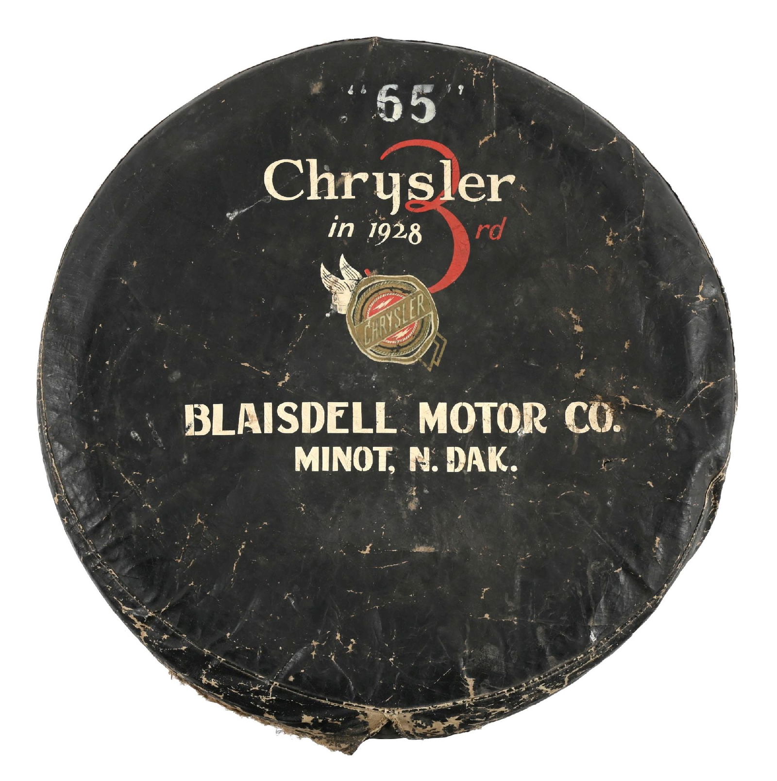 ORIGINAL CHRYSLER TIRE COVER W/ TIRE FOR BLAISDELL MOTOR CO. (1 of 2)