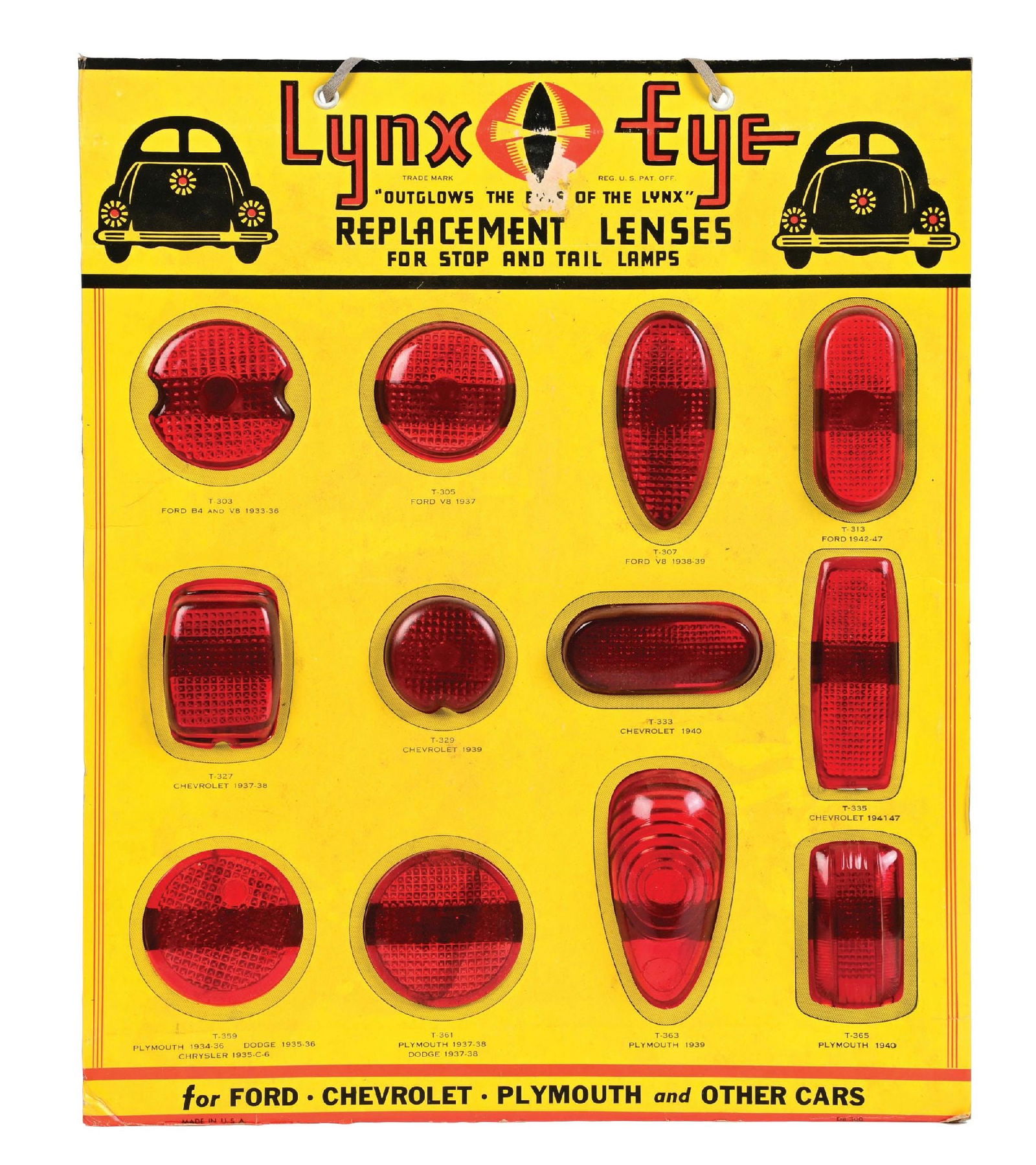 LYNX EYE REPLACEMENT LENSES STORE DISPLAY W/ GLASS LENSES: Single-Sided Cardboard Display with original glass automotive lenses. CONDITION: Display is new old stock showing original box. Areas of light wear and discoloration to the cardboard, lenses in excell