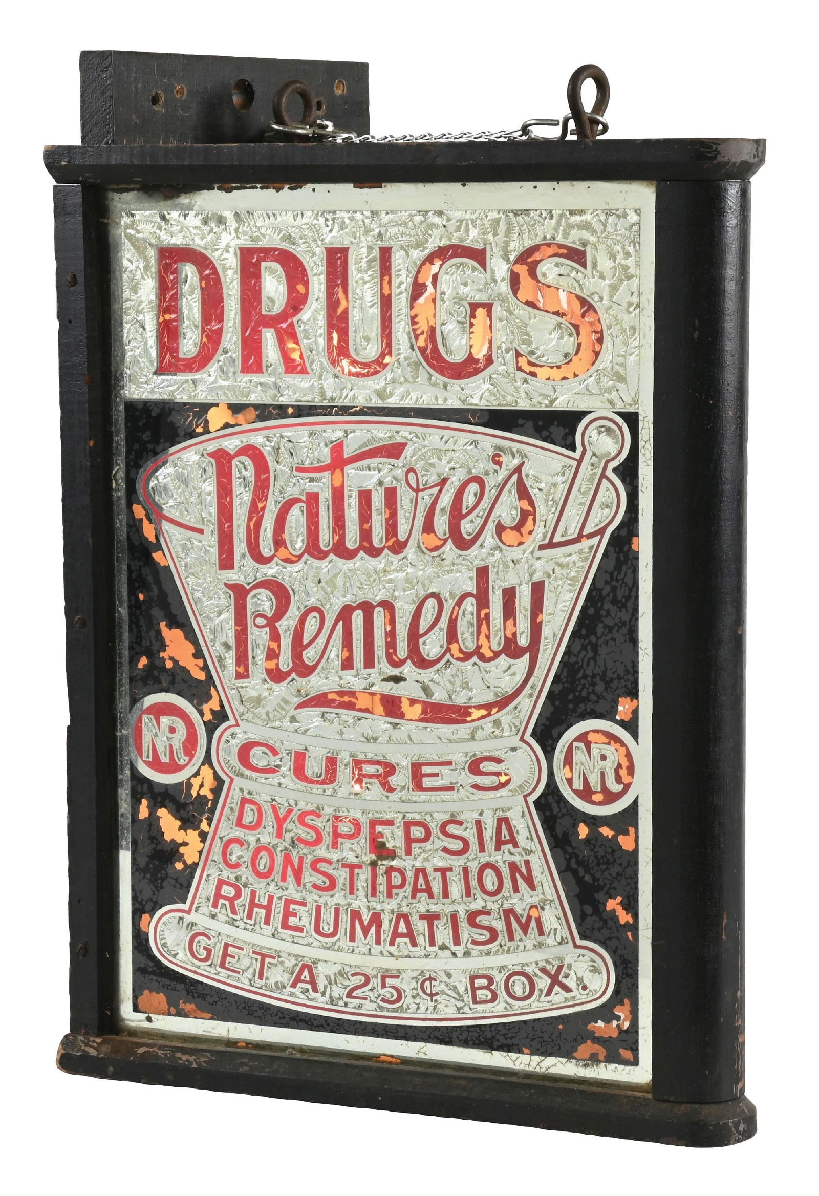 PHENOMENAL NATURE'S REMEDY CORNER FLANGE LIGHT-UP REVERSE GLASS SIGN: CONDITION: It shows the original wood case. Side A shows original red paint, with some areas of lifting, primarily in the the word "Drugs". There are some areas of flaking in the black background. Sid