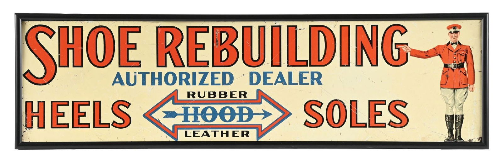HOOD SHOE REBUILDING AUTHORIZED DEALER TIN SIGN W/ FLAGMAN GRAPHIC (1 of 2)