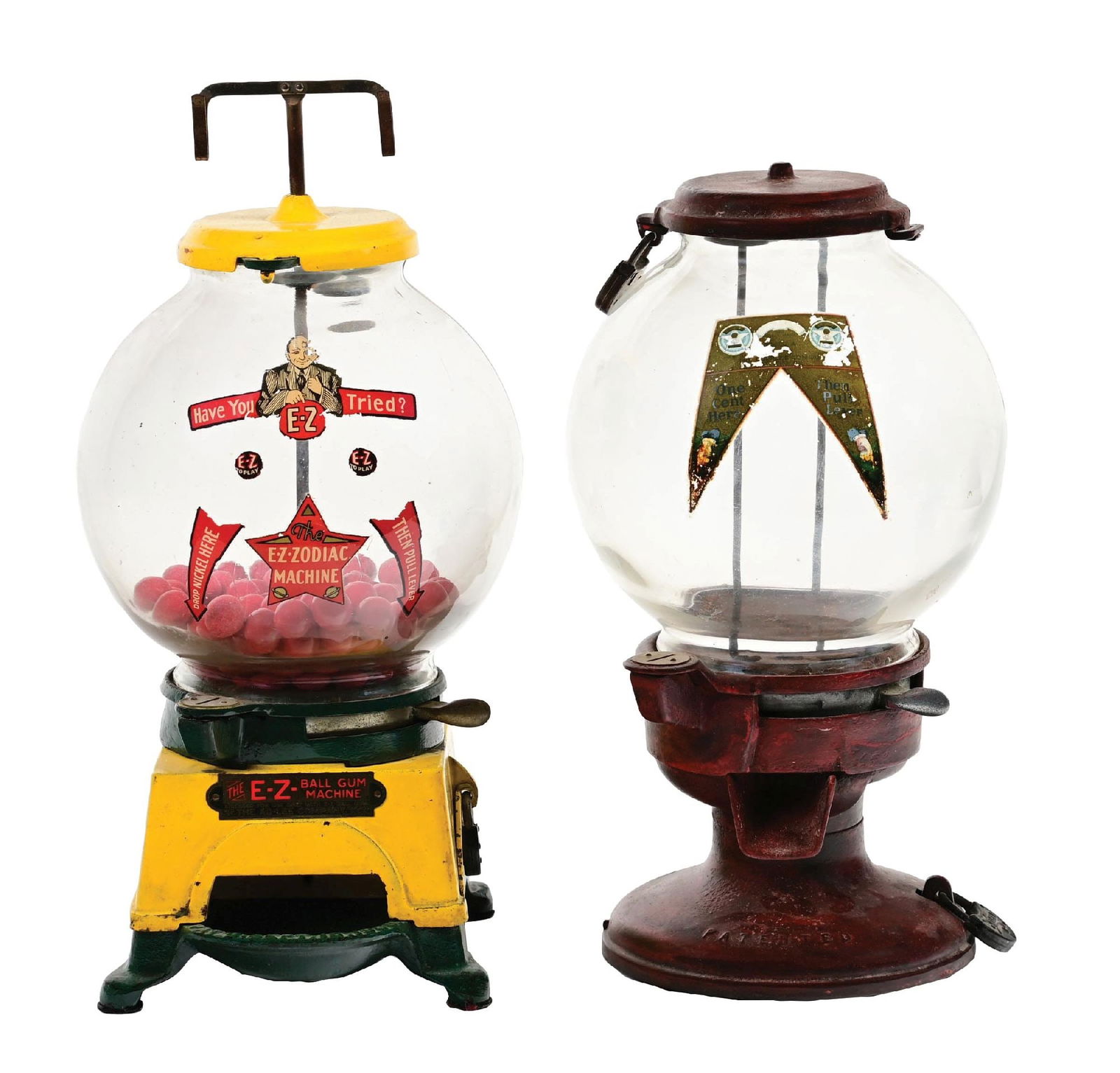 PAIR OF CAST IRON VENDING MACHINES: CONDITION: (A) Ad-Lee E-Z 5¢ gambling vending machine, showing green and yellow paint, with original globe with partial decal, with correct side door and top marquee bracket. Operational. (Good).