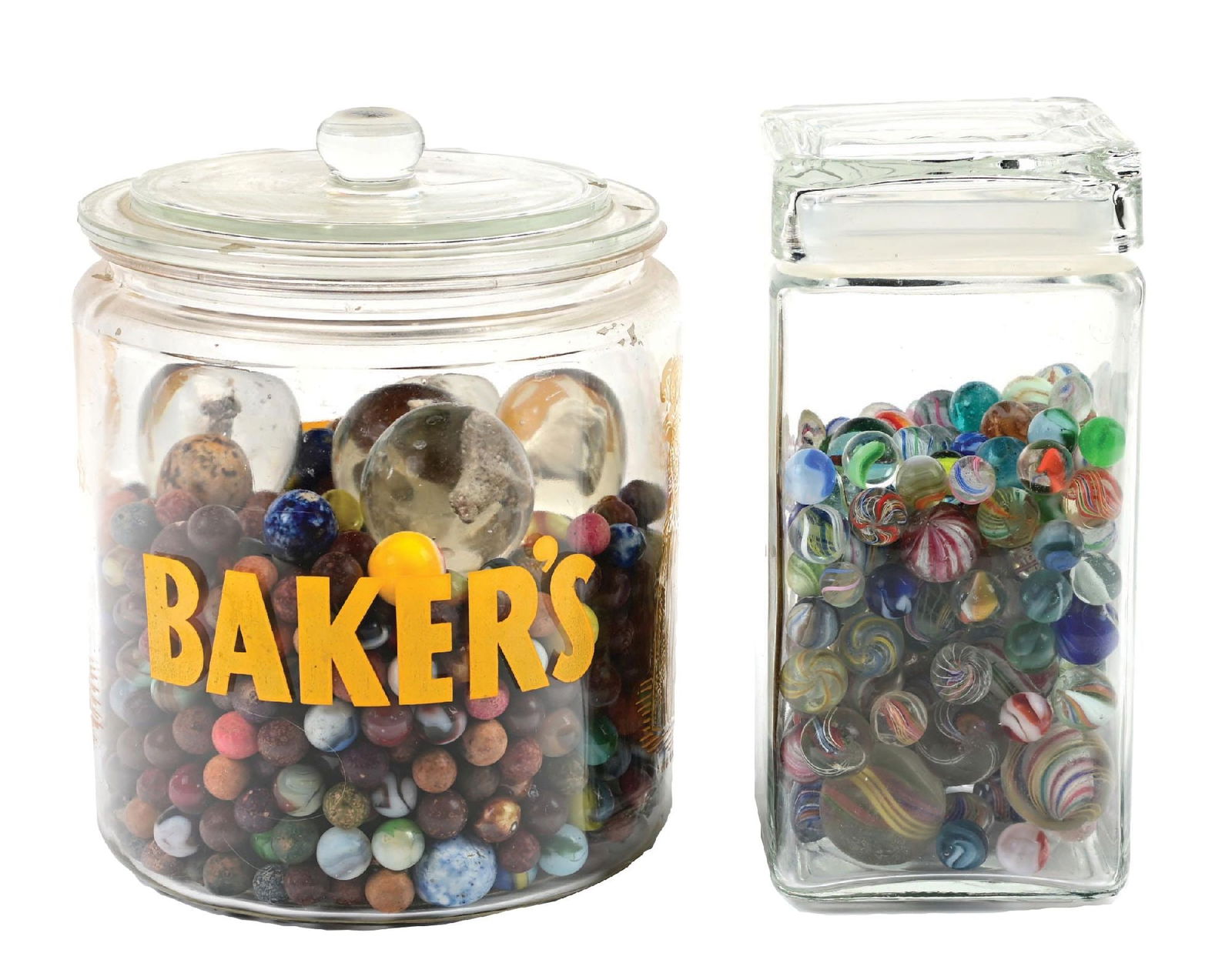 PAIR OF COUNTRY STORE DISPLAY JARS FULL OF MARBLES (1 of 5)