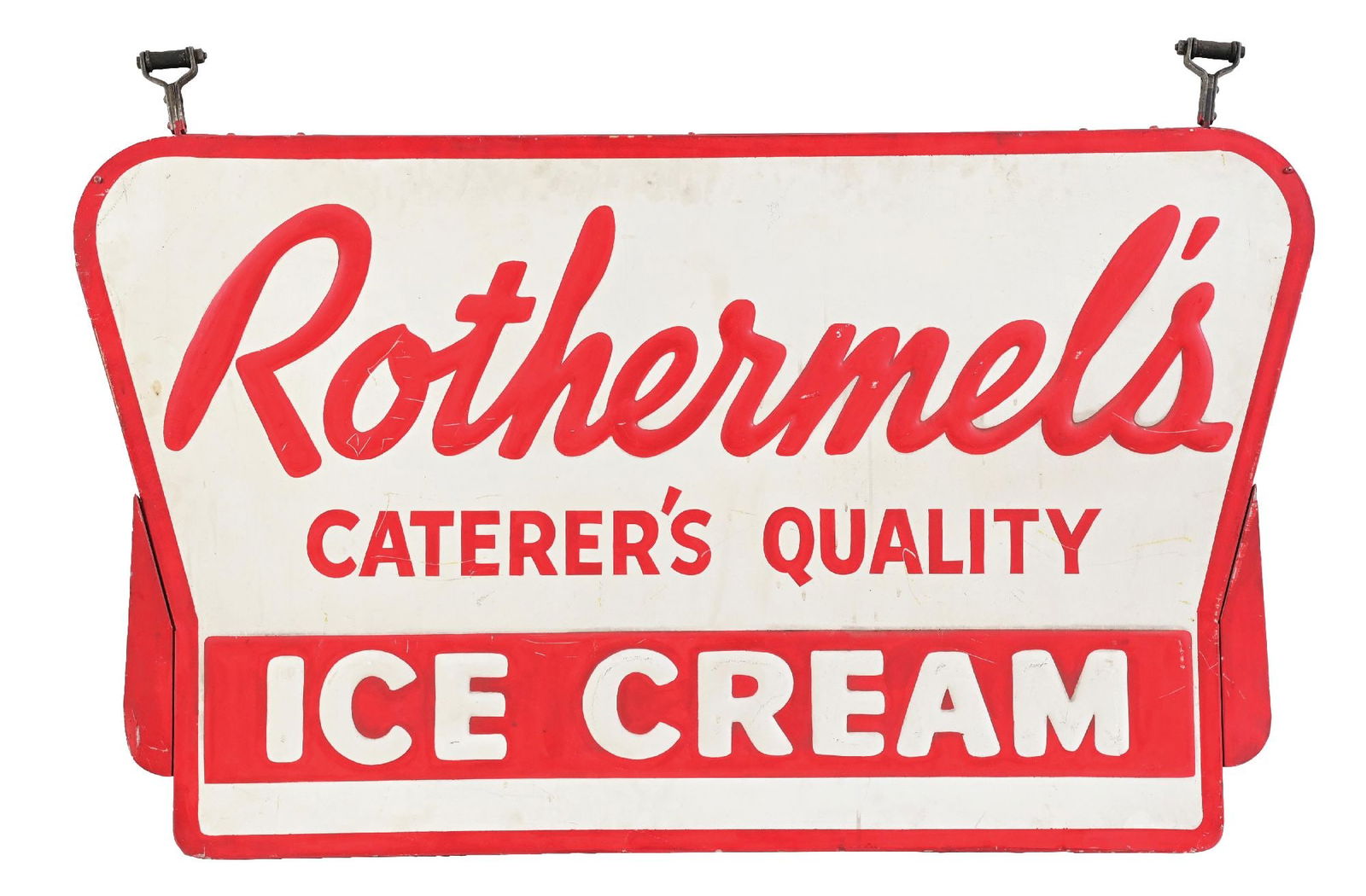 ROTHERMEL'S CATERER'S QUALITY ICE CREAM EMBOSSED TIN SIGN W/ BRACKETS (1 of 2)