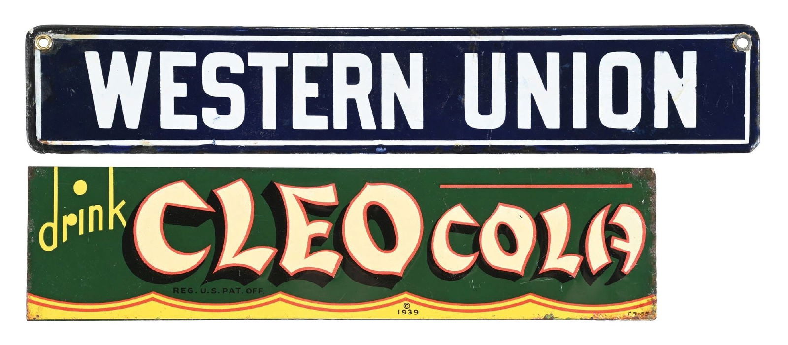PAIR OF CLEO COLA & WESTERN UNION STRIP SIGNS (1 of 2)