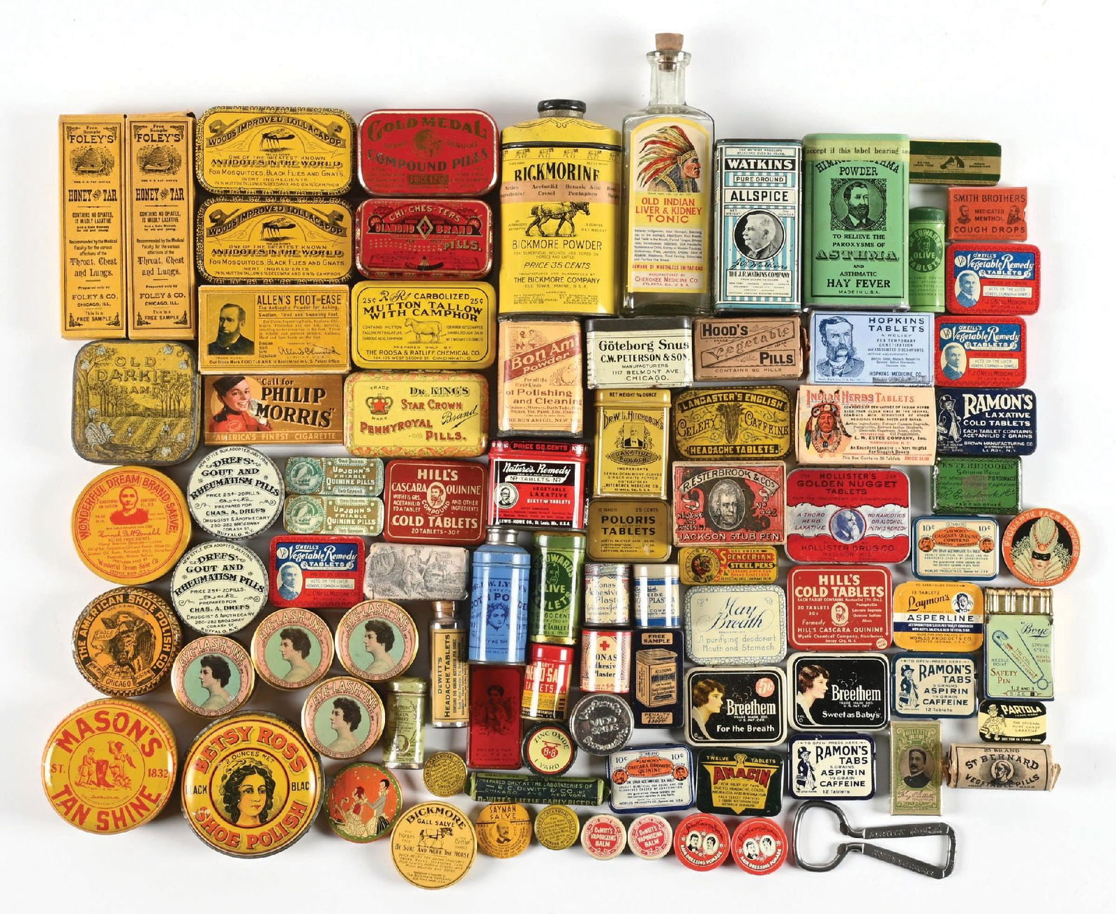 LARGE ASSORTMENT OF APOTHECARY TINS & PACKAGES: CONDITION: It shows some items in new old stock, and some in original cardboard boxes. Includes pills, apothecary, make-up, aspirin, and lip balm tins. Condition: (Good - Excellent). Dimensions: Large