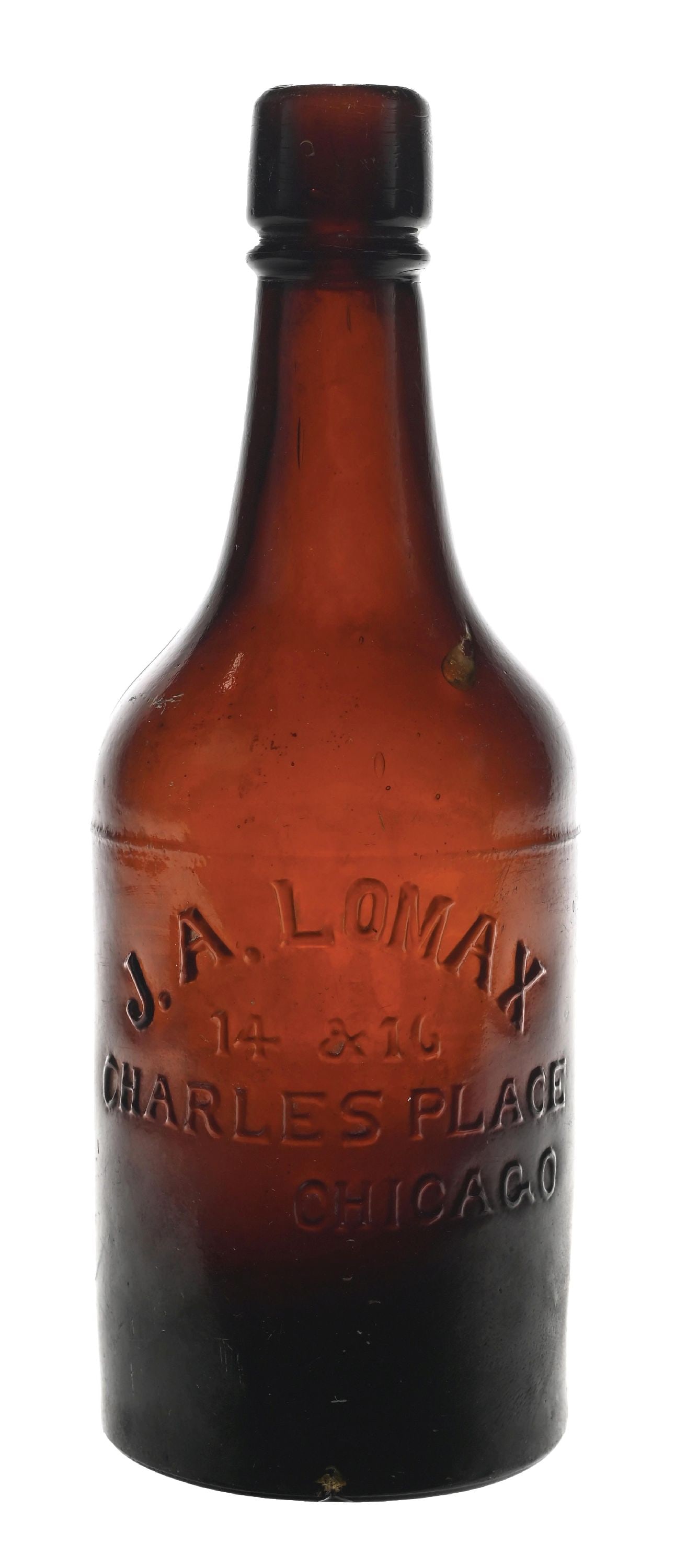 J.A. LOMAX CHICAGO ALE BOTTLE: 14 and 16 Charles Place, Chicago. Nice color. Condition: (Excellent). Dimensions: 3 - 1/2" Dia. x 10" T.