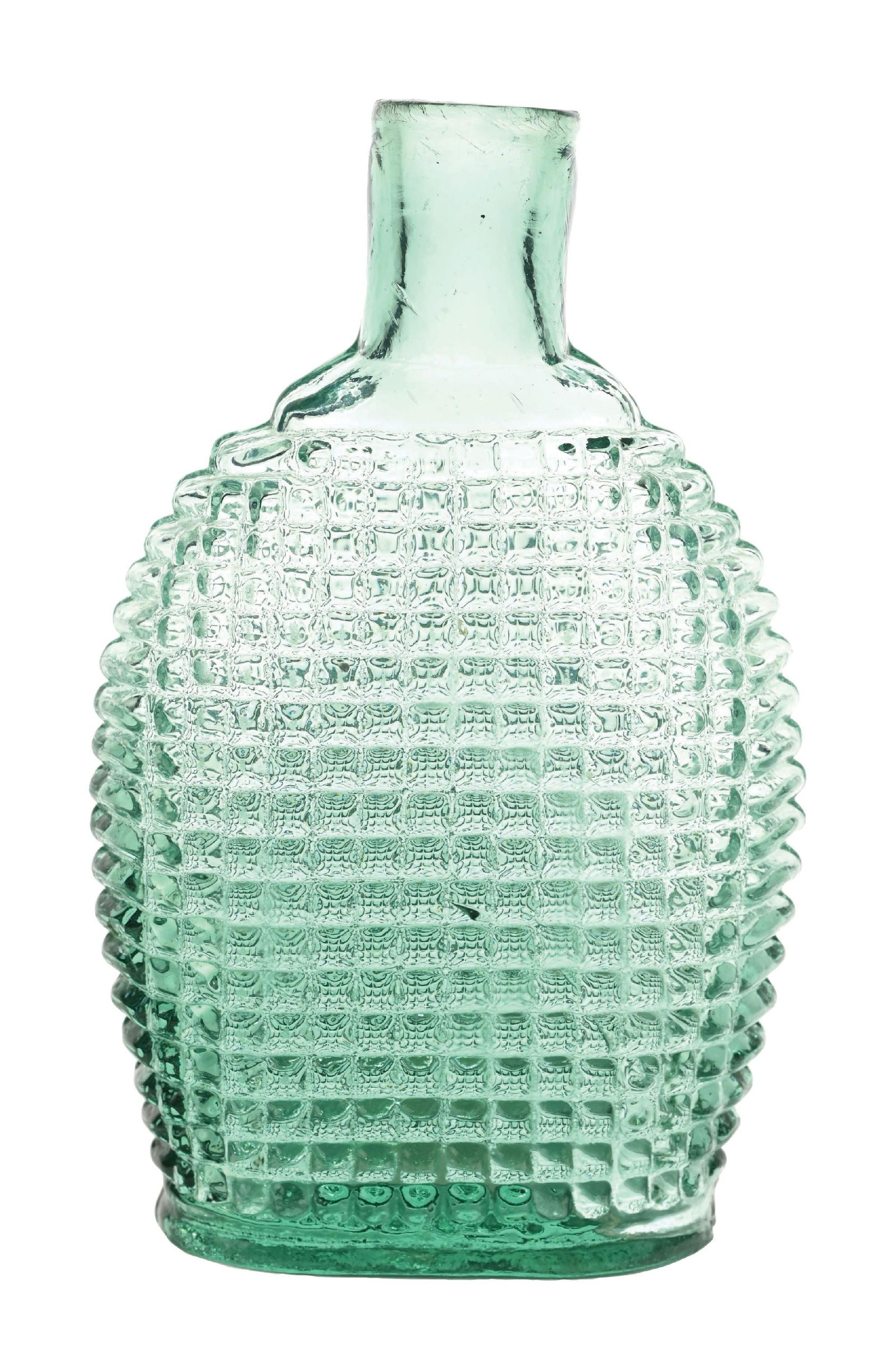 LARGE GREEN GLASS POISON FLASK: Rare large size. Great color. Condition: (Excellent) Dimensions: 3 - 1/4" x 2" x 7".