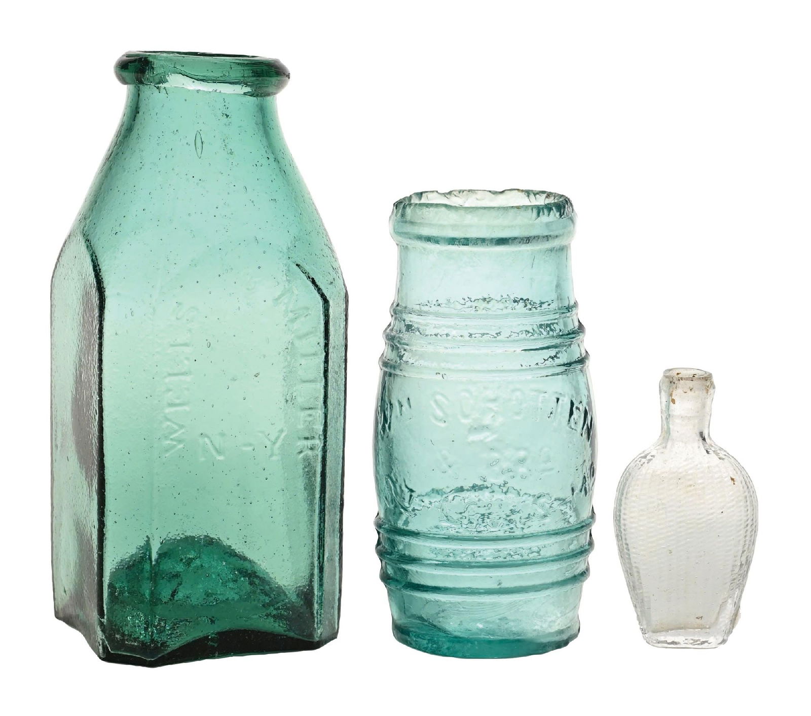 COLLECTION OF 3: SAMPLE POISON FLASK, WELLS & MILLER JAR, & WM SCHOTTEN & BROS. MUSTARD JAR: Condition: (Excellent) Dimensions: Largest: 2 - 1/2" x 2 - 1/2" x 6 - 1/4".