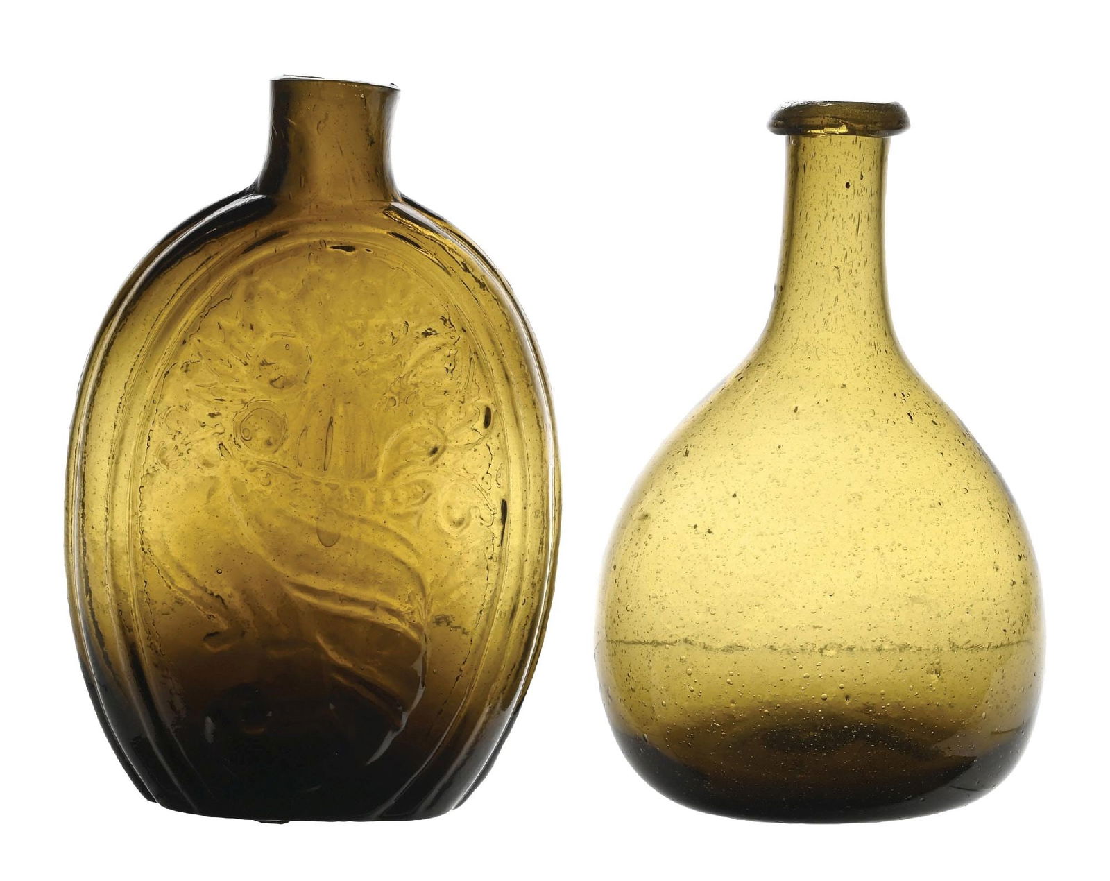 COLLECTION OF 2: CORNUCOPIA HALF-PINT FLASK & NEW ENGLAND PONTILED CHESTNUT FLASK: Condition: (Excellent) Dimensions: Largest: 2" x 1 - 1/4" x 5 - 1/2".