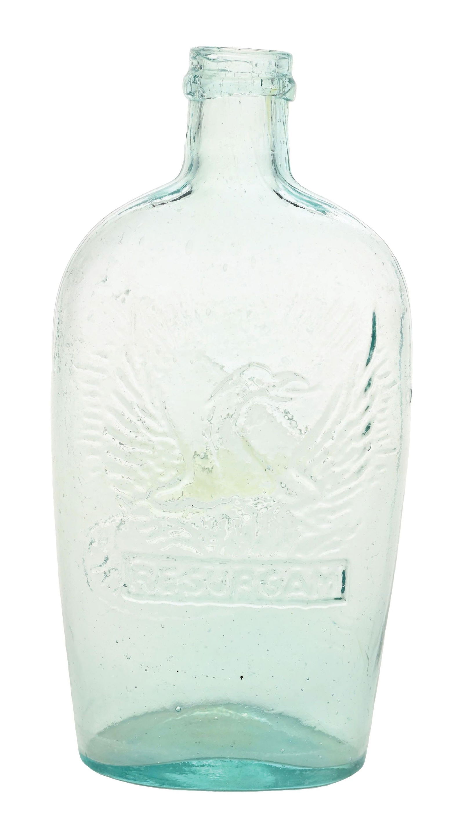 RESURGAM CLEAR PINT FLASK: Phoenix rising on one side and Resurgam on other side. Baltimore Glass Works. Condition: (Excellent) Dimensions: 3" x 2" x 7 - 3/4".