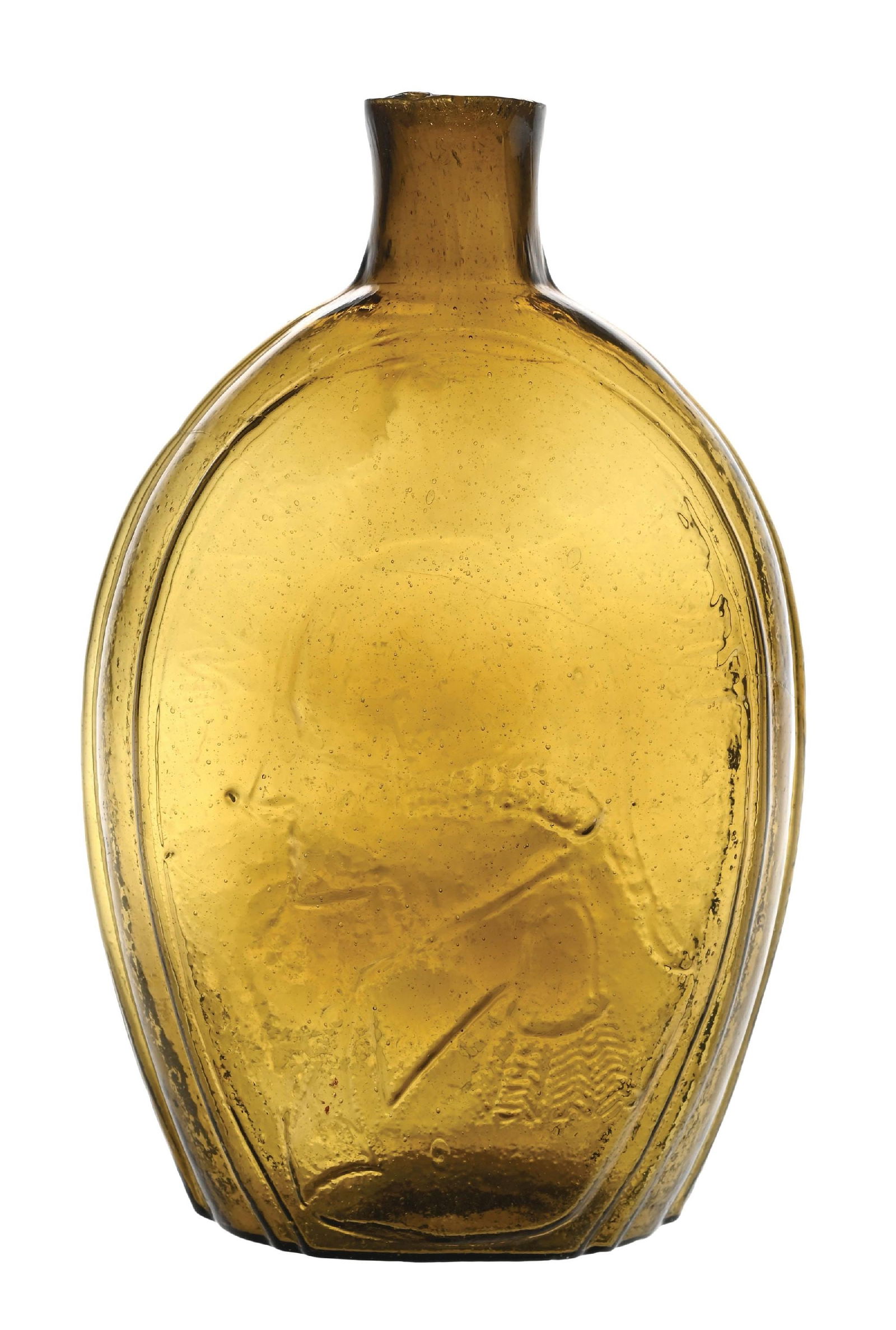 WASHINGTON JACKSON LIGHT AMBER PINT FLASK: Very nice Washington - Jackson light amber pint flask in very light amber. CONDITION: Great color. Some small as made streaks in glass. Condition: (Excellent). Dimensions: 3" x 2" x 6 - 1/2".